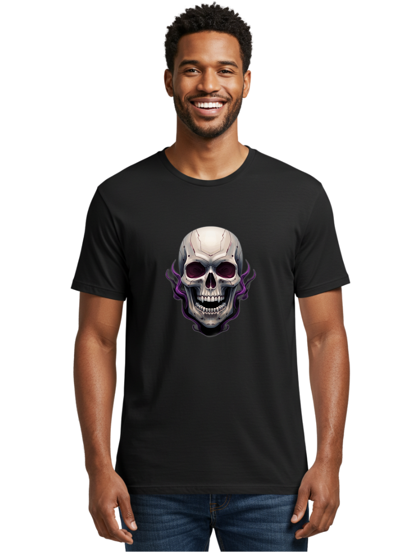 Cyborg-Skull Men'S Graphic Tee, 100% Cotton, Comfortable Casual Summer Wear, Machine Washable, Metallic Skull, Robotic Face, Purple Smoke, Futuristic Design, Cyberpunk Aesthetic, Dark Art, Halloween Theme, Gothic Style, Metal Texture, Bac971 30