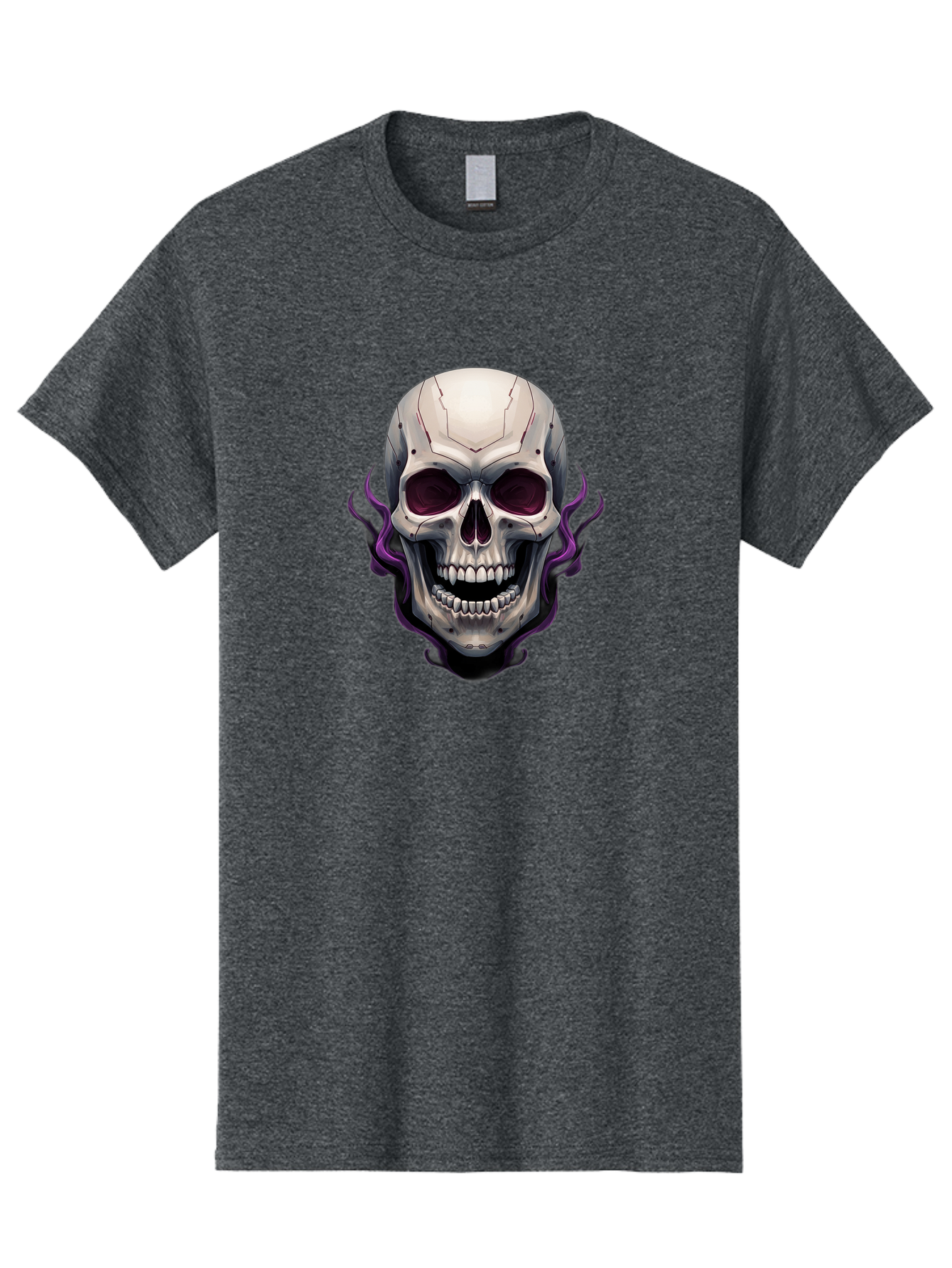 Cyborg-Skull Men'S Graphic Tee, 100% Cotton, Comfortable Casual Summer Wear, Machine Washable, Metallic Skull, Robotic Face, Purple Smoke, Futuristic Design, Cyberpunk Aesthetic, Dark Art, Halloween Theme, Gothic Style, Metal Texture, Bac971 11