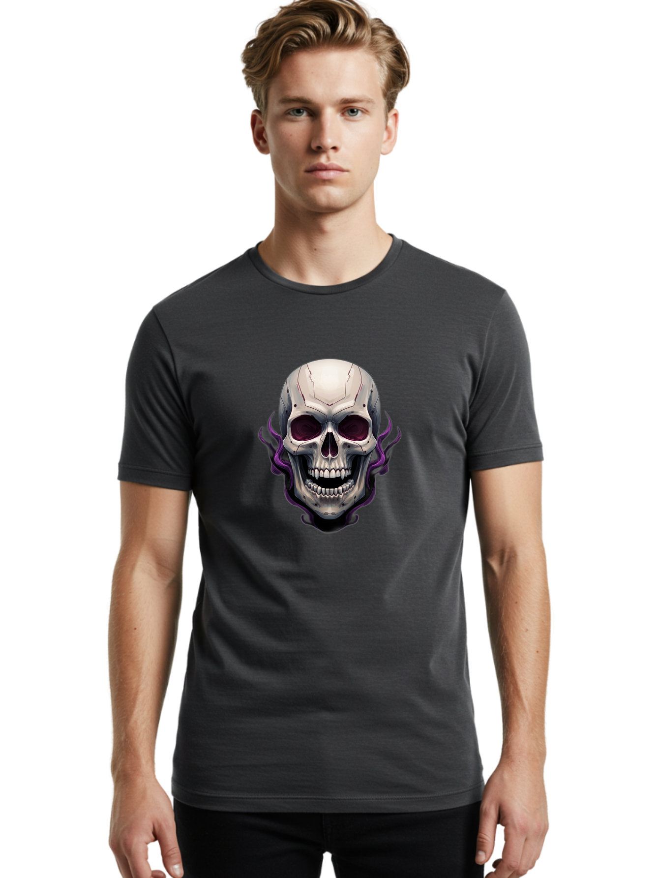 Cyborg-Skull Men'S Graphic Tee, 100% Cotton, Comfortable Casual Summer Wear, Machine Washable, Metallic Skull, Robotic Face, Purple Smoke, Futuristic Design, Cyberpunk Aesthetic, Dark Art, Halloween Theme, Gothic Style, Metal Texture, Bac971 26