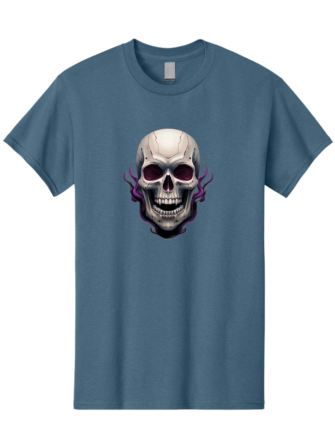 Cyborg-Skull Men'S Graphic Tee, 100% Cotton, Comfortable Casual Summer Wear, Machine Washable, Metallic Skull, Robotic Face, Purple Smoke, Futuristic Design, Cyberpunk Aesthetic, Dark Art, Halloween Theme, Gothic Style, Metal Texture, Bac971 7