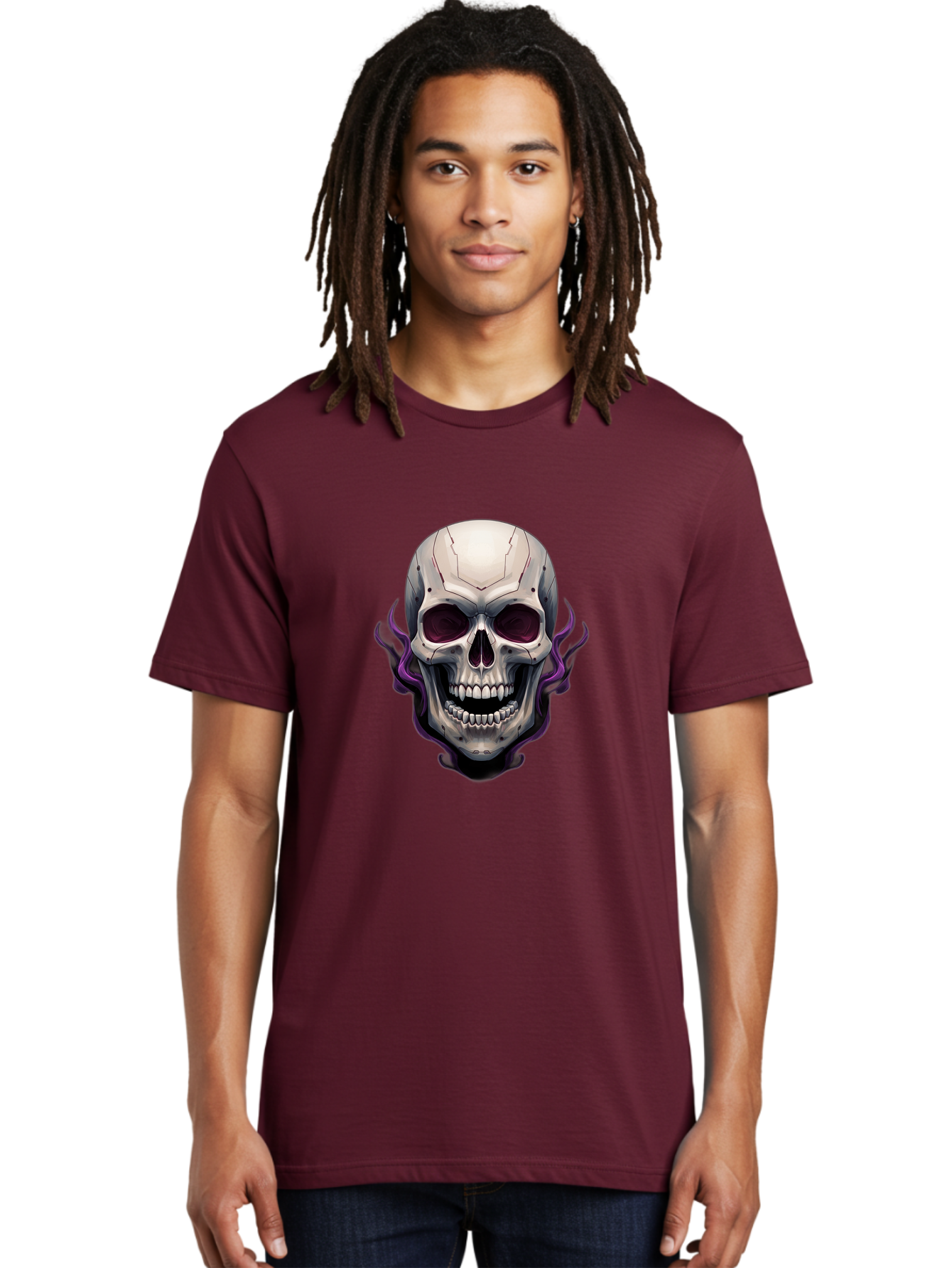 Cyborg-Skull Men'S Graphic Tee, 100% Cotton, Comfortable Casual Summer Wear, Machine Washable, Metallic Skull, Robotic Face, Purple Smoke, Futuristic Design, Cyberpunk Aesthetic, Dark Art, Halloween Theme, Gothic Style, Metal Texture, Bac971 21