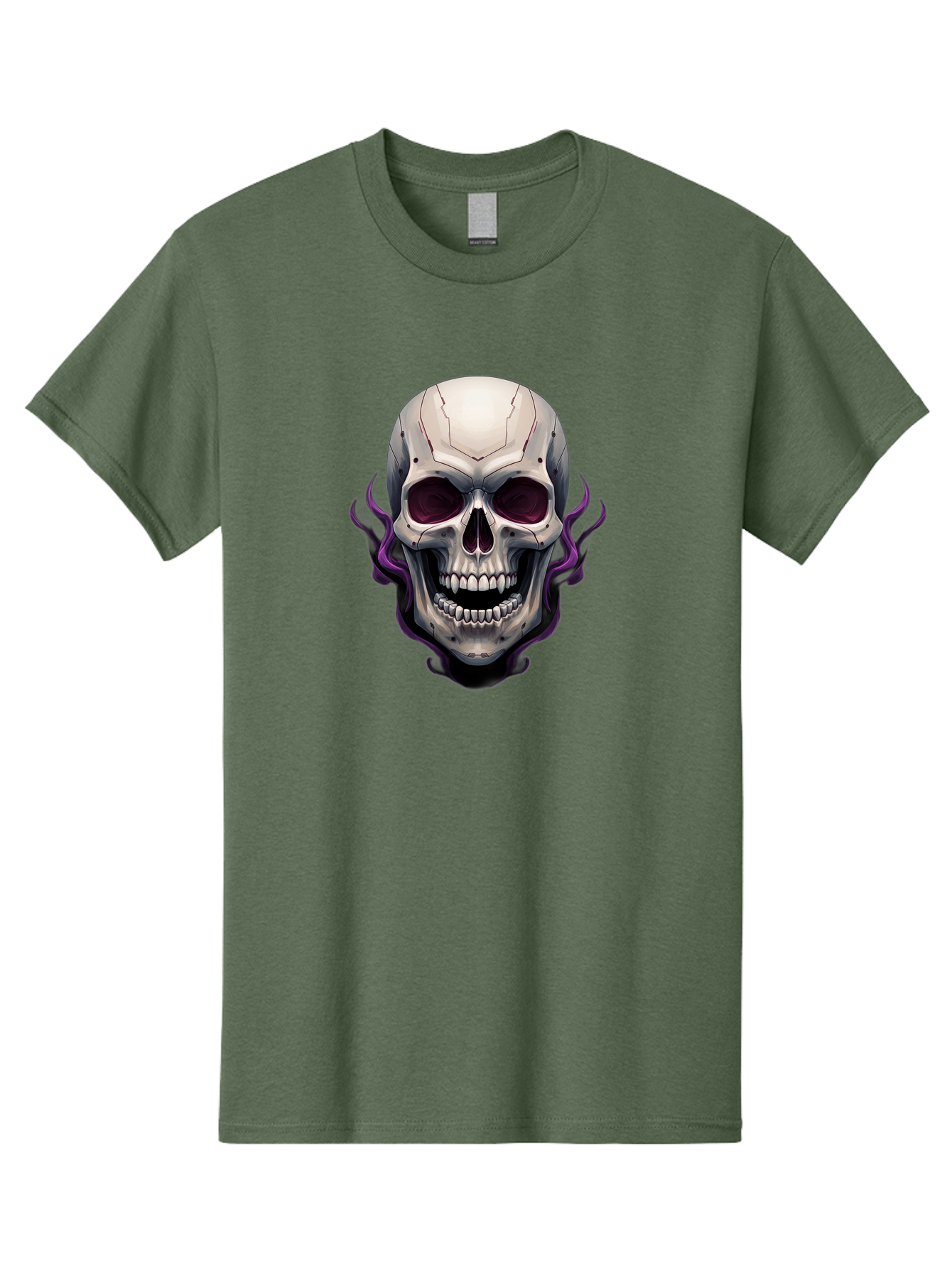 Cyborg-Skull Men'S Graphic Tee, 100% Cotton, Comfortable Casual Summer Wear, Machine Washable, Metallic Skull, Robotic Face, Purple Smoke, Futuristic Design, Cyberpunk Aesthetic, Dark Art, Halloween Theme, Gothic Style, Metal Texture, Bac971 1