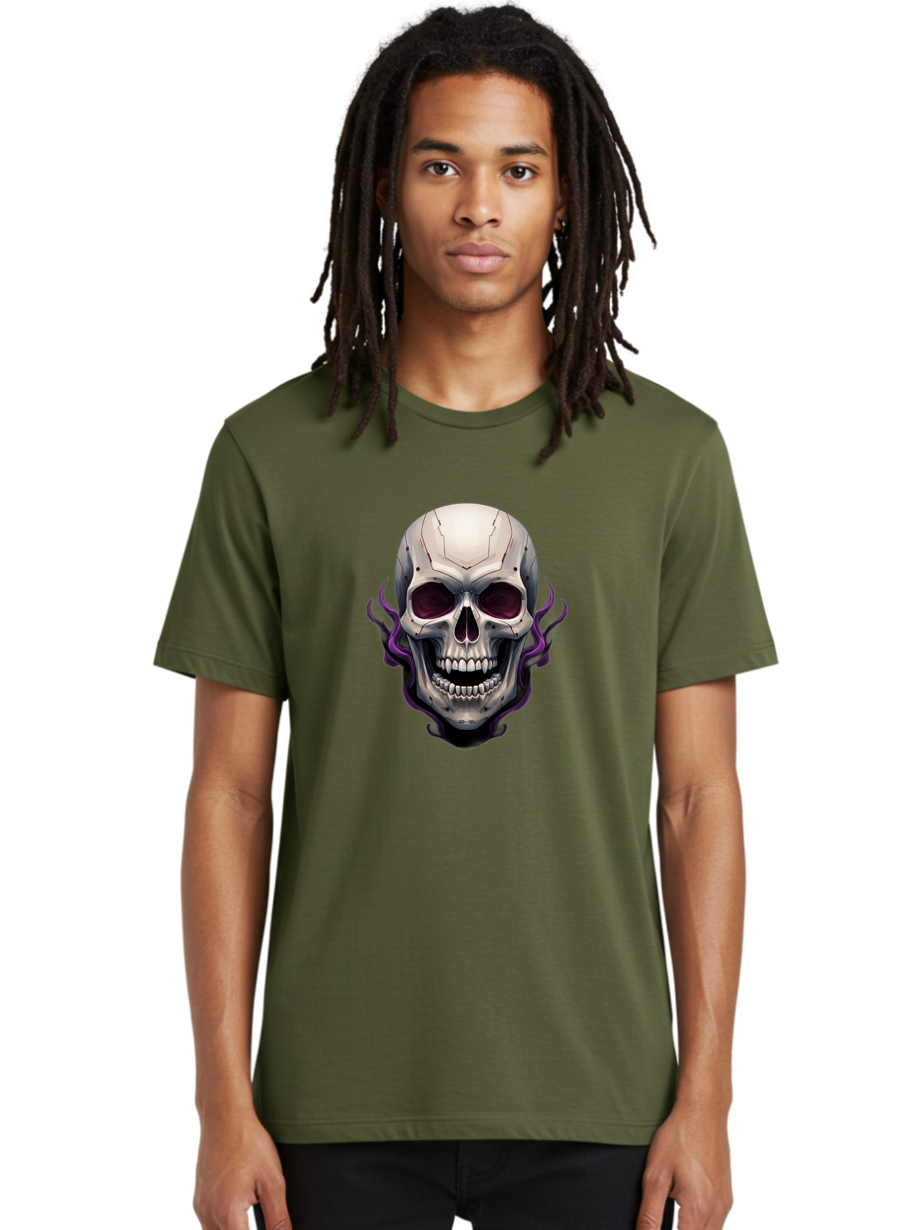Cyborg-Skull Men'S Graphic Tee, 100% Cotton, Comfortable Casual Summer Wear, Machine Washable, Metallic Skull, Robotic Face, Purple Smoke, Futuristic Design, Cyberpunk Aesthetic, Dark Art, Halloween Theme, Gothic Style, Metal Texture, Bac971 16