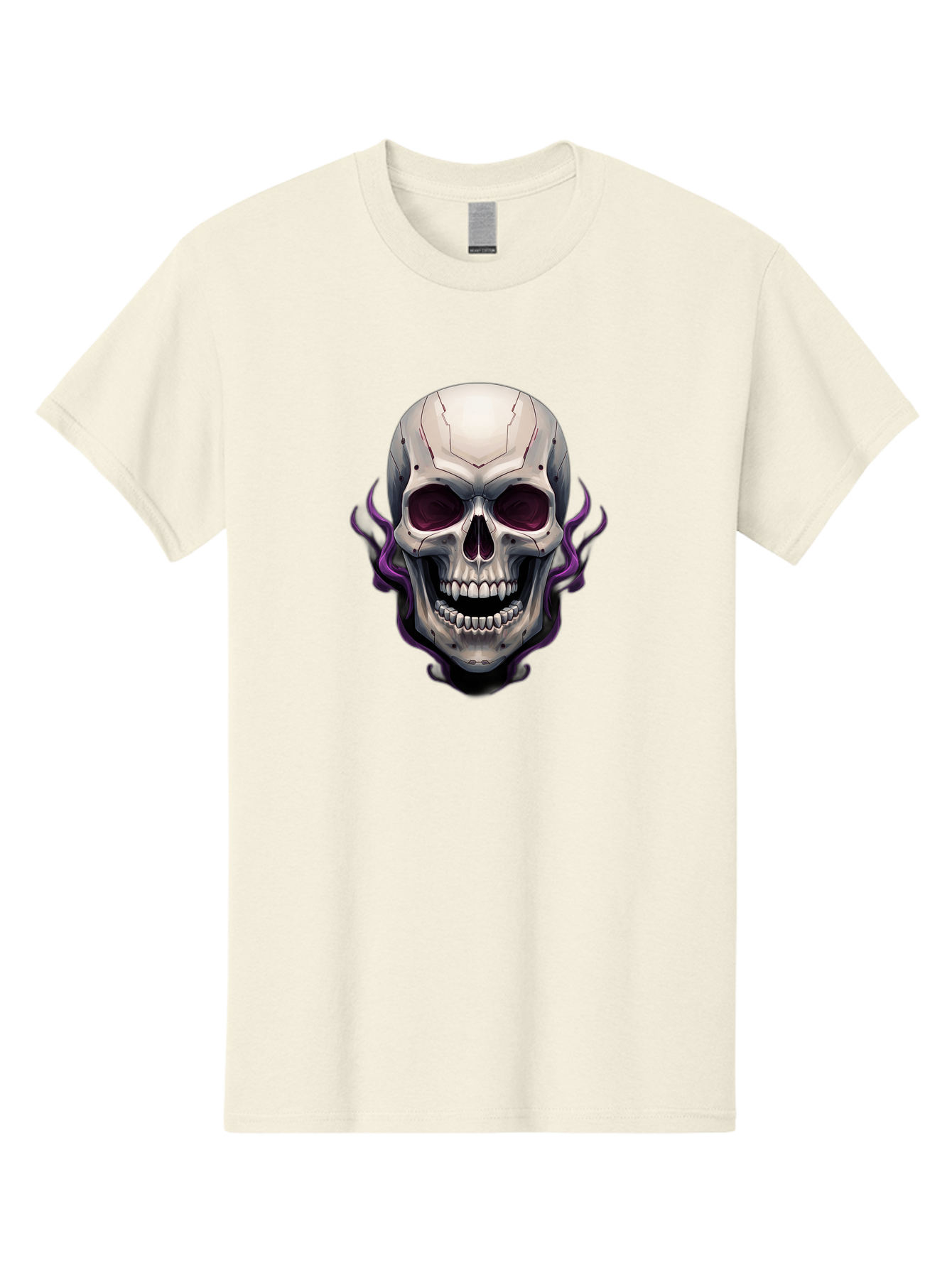 Cyborg-Skull Men'S Graphic Tee, 100% Cotton, Comfortable Casual Summer Wear, Machine Washable, Metallic Skull, Robotic Face, Purple Smoke, Futuristic Design, Cyberpunk Aesthetic, Dark Art, Halloween Theme, Gothic Style, Metal Texture, Bac971 12