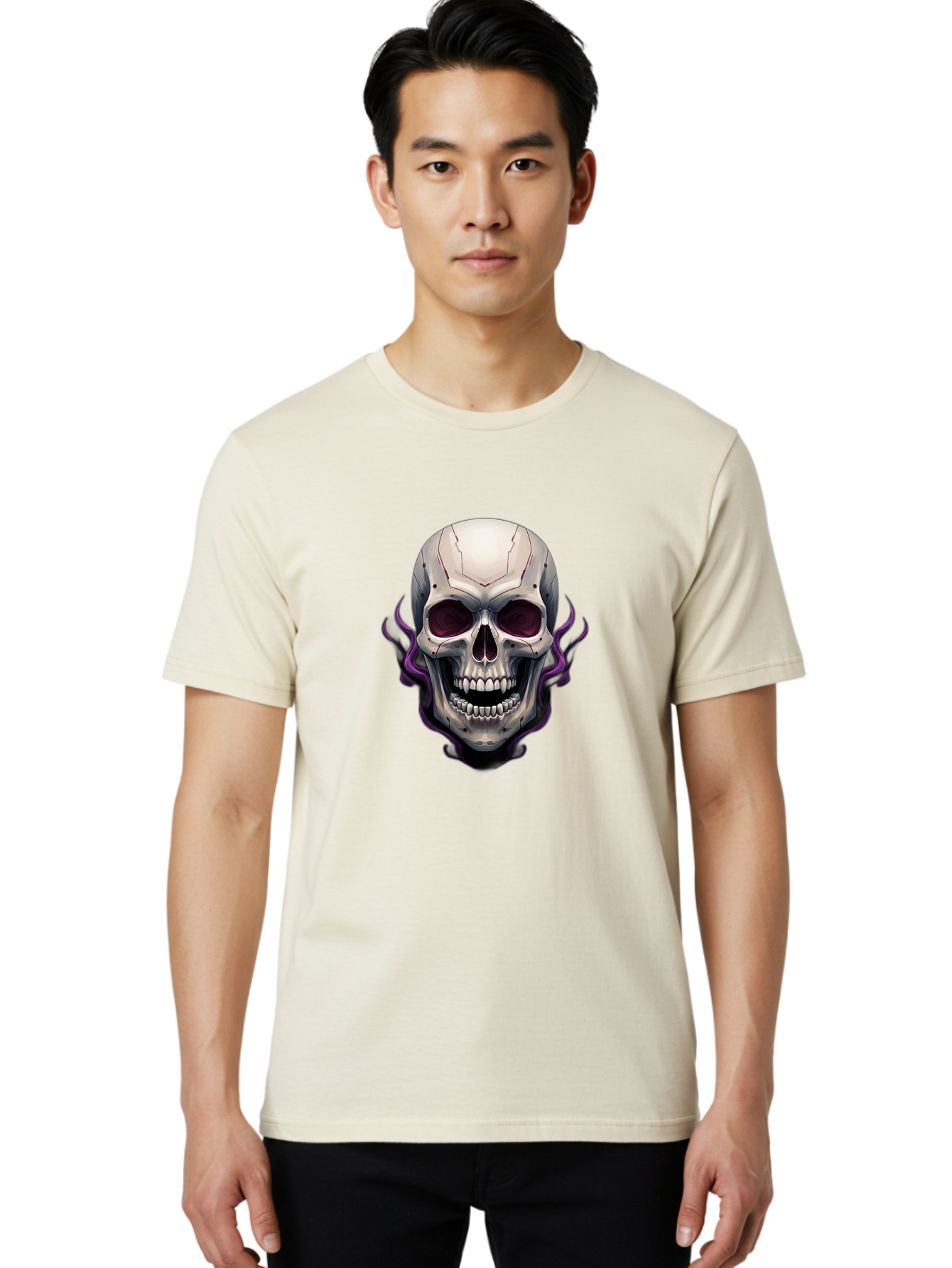 Cyborg-Skull Men'S Graphic Tee, 100% Cotton, Comfortable Casual Summer Wear, Machine Washable, Metallic Skull, Robotic Face, Purple Smoke, Futuristic Design, Cyberpunk Aesthetic, Dark Art, Halloween Theme, Gothic Style, Metal Texture, Bac971 27