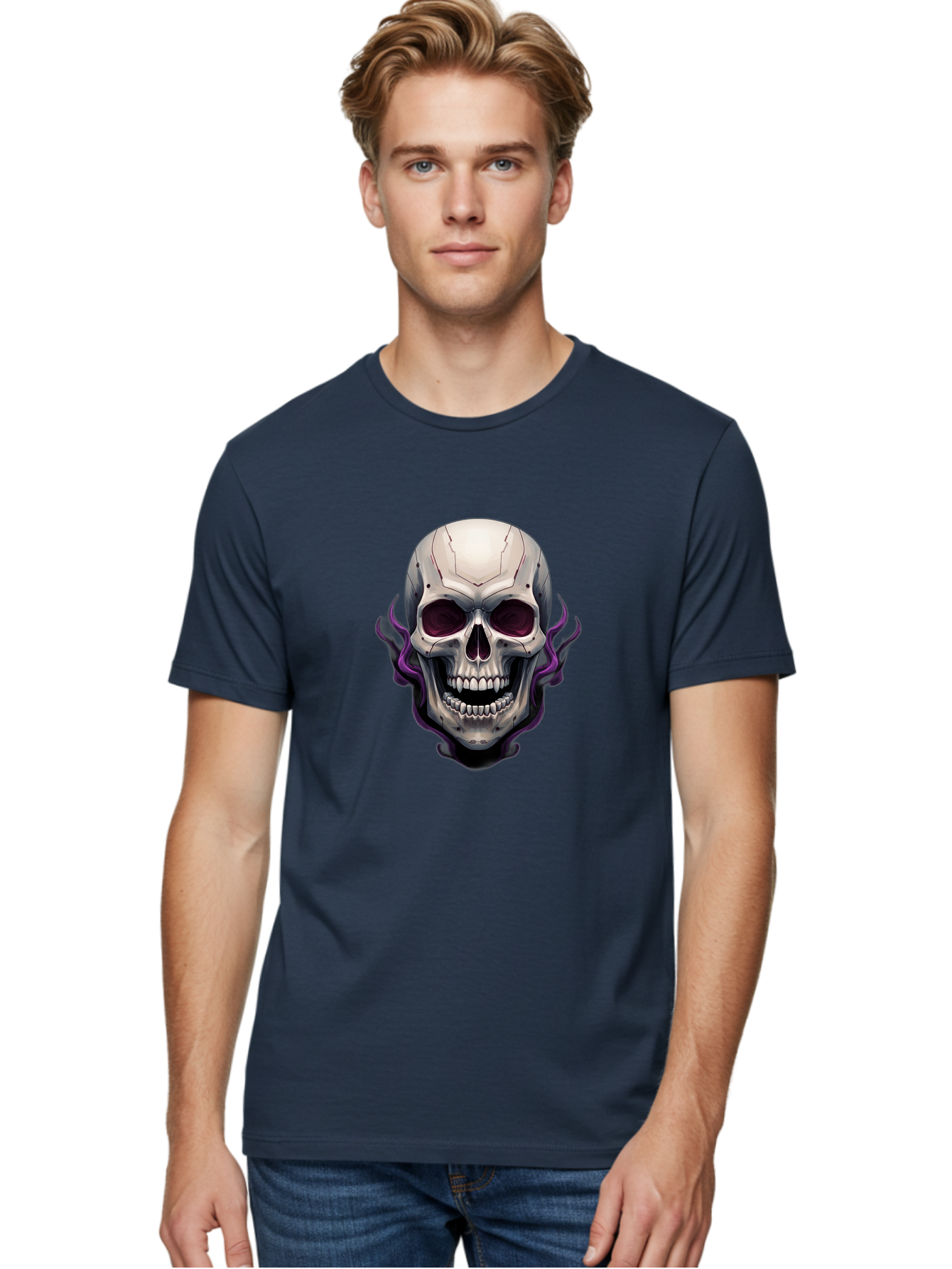Cyborg-Skull Men'S Graphic Tee, 100% Cotton, Comfortable Casual Summer Wear, Machine Washable, Metallic Skull, Robotic Face, Purple Smoke, Futuristic Design, Cyberpunk Aesthetic, Dark Art, Halloween Theme, Gothic Style, Metal Texture, Bac971 19