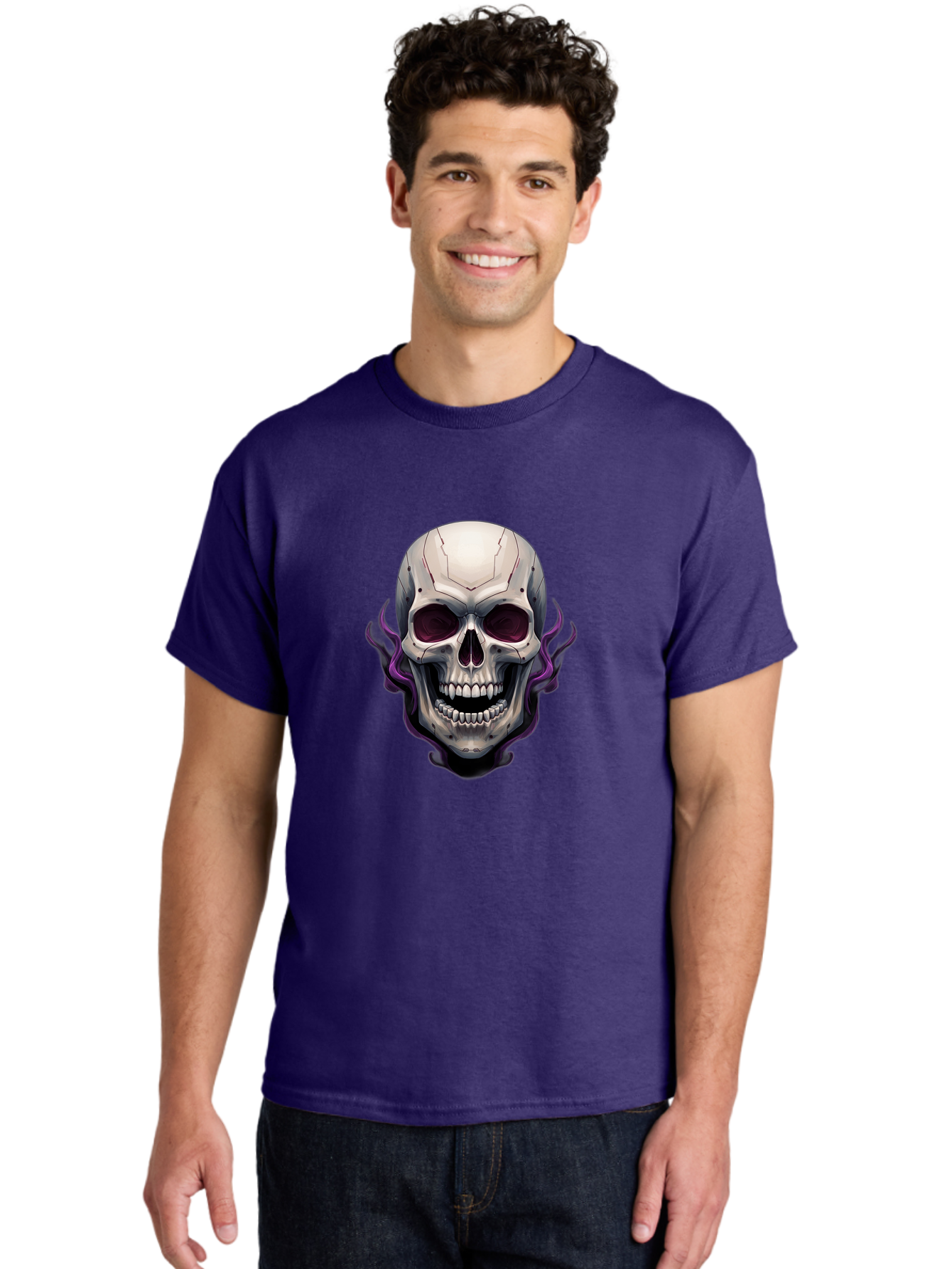 Cyborg-Skull Men'S Graphic Tee, 100% Cotton, Comfortable Casual Summer Wear, Machine Washable, Metallic Skull, Robotic Face, Purple Smoke, Futuristic Design, Cyberpunk Aesthetic, Dark Art, Halloween Theme, Gothic Style, Metal Texture, Bac971 17