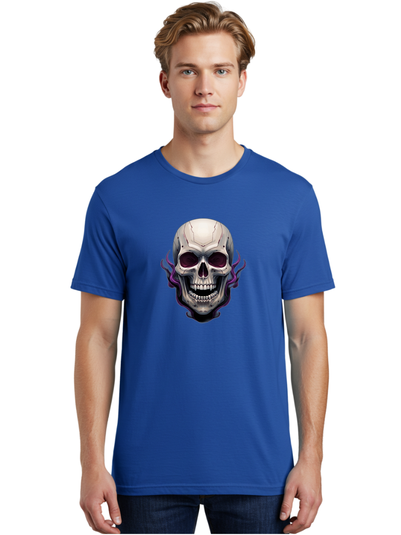 Cyborg-Skull Men'S Graphic Tee, 100% Cotton, Comfortable Casual Summer Wear, Machine Washable, Metallic Skull, Robotic Face, Purple Smoke, Futuristic Design, Cyberpunk Aesthetic, Dark Art, Halloween Theme, Gothic Style, Metal Texture, Bac971 29
