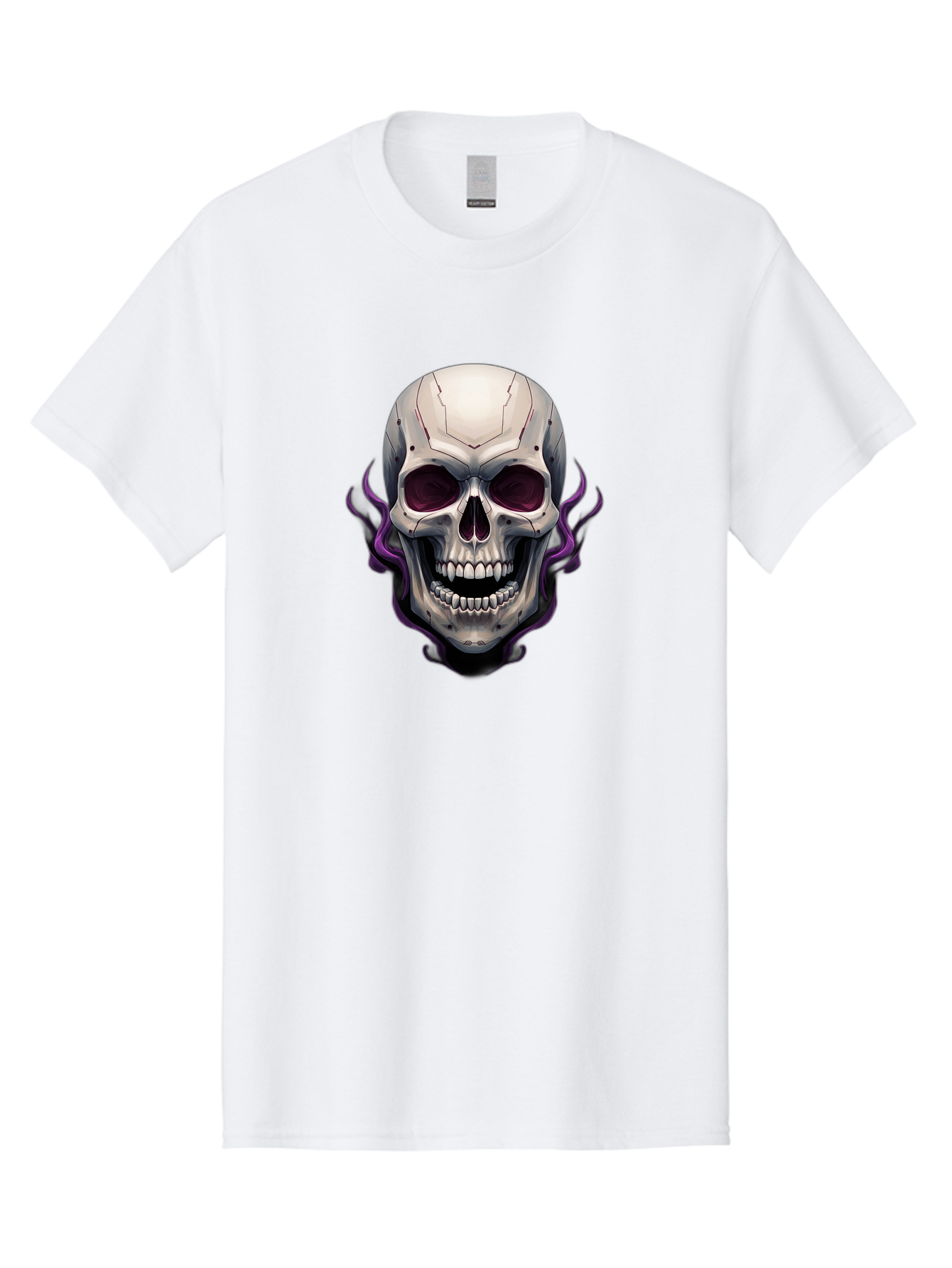Cyborg-Skull Men'S Graphic Tee, 100% Cotton, Comfortable Casual Summer Wear, Machine Washable, Metallic Skull, Robotic Face, Purple Smoke, Futuristic Design, Cyberpunk Aesthetic, Dark Art, Halloween Theme, Gothic Style, Metal Texture, Bac971 9