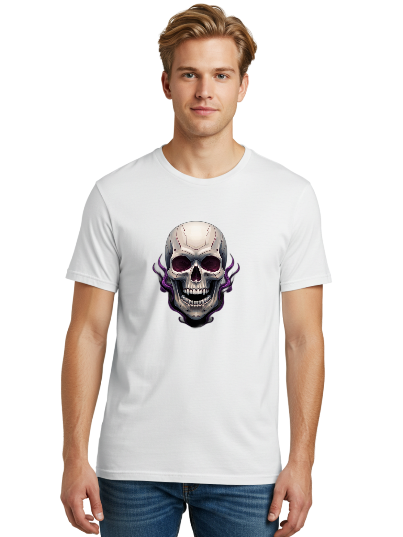 Cyborg-Skull Men'S Graphic Tee, 100% Cotton, Comfortable Casual Summer Wear, Machine Washable, Metallic Skull, Robotic Face, Purple Smoke, Futuristic Design, Cyberpunk Aesthetic, Dark Art, Halloween Theme, Gothic Style, Metal Texture, Bac971 24