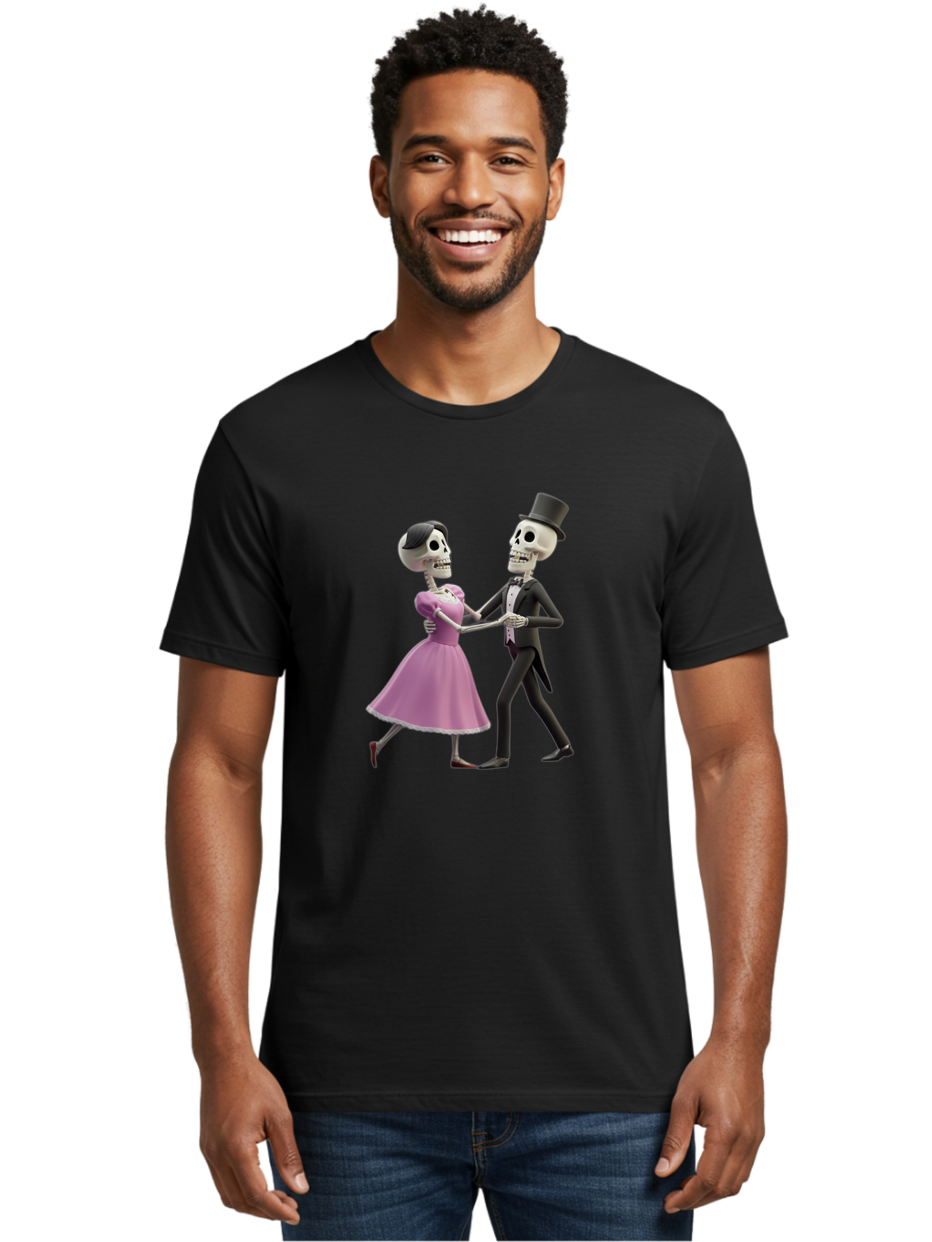 Dancing-Skeletons Men'S Graphic Tee, 100% Cotton, Comfortable Casual Summer Wear, Machine Washable, Skeleton Couple Dancing, Day Of The Dead Celebration, Calavera Fashion, Traditional Mexican Attire, Sugar Skull Makeup, Waltz Dance, Bac974 16