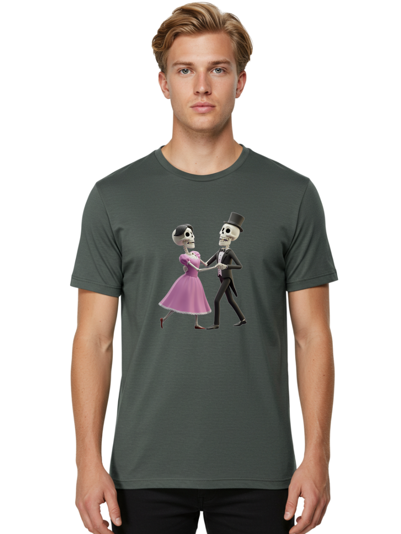 Dancing-Skeletons Men'S Graphic Tee, 100% Cotton, Comfortable Casual Summer Wear, Machine Washable, Skeleton Couple Dancing, Day Of The Dead Celebration, Calavera Fashion, Traditional Mexican Attire, Sugar Skull Makeup, Waltz Dance, Bac974 17