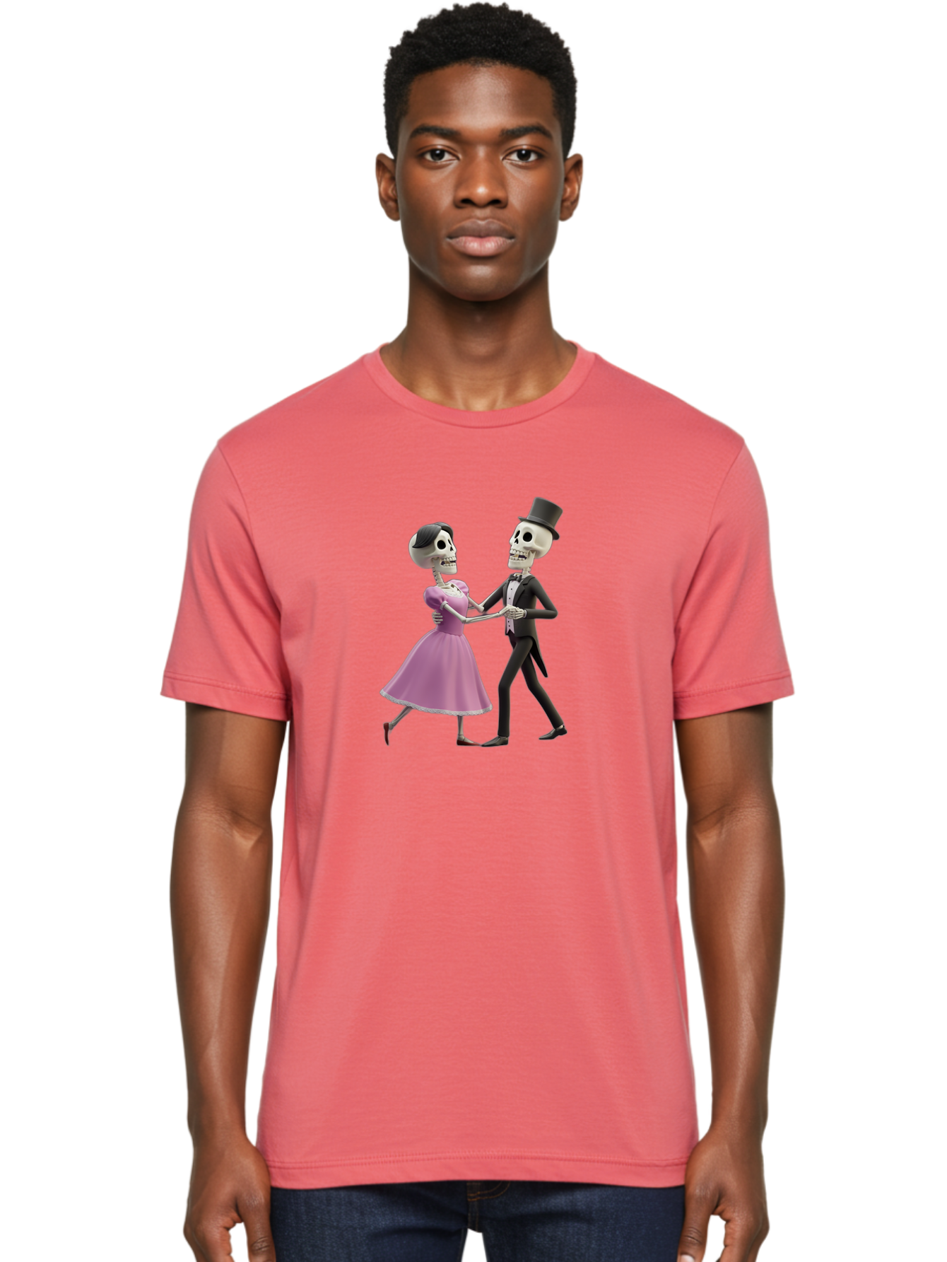 Dancing-Skeletons Men'S Graphic Tee, 100% Cotton, Comfortable Casual Summer Wear, Machine Washable, Skeleton Couple Dancing, Day Of The Dead Celebration, Calavera Fashion, Traditional Mexican Attire, Sugar Skull Makeup, Waltz Dance, Bac974 21
