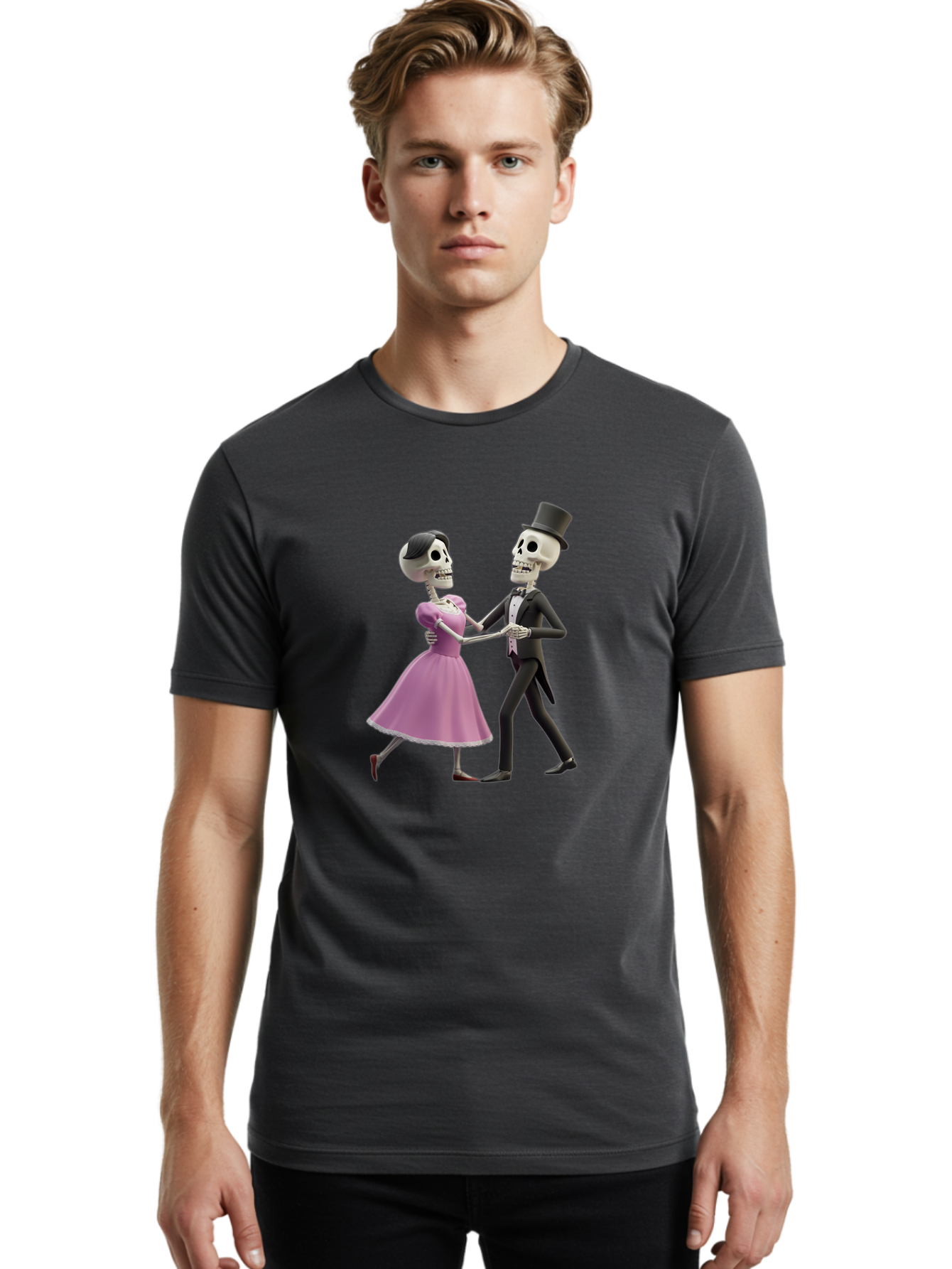 Dancing-Skeletons Men'S Graphic Tee, 100% Cotton, Comfortable Casual Summer Wear, Machine Washable, Skeleton Couple Dancing, Day Of The Dead Celebration, Calavera Fashion, Traditional Mexican Attire, Sugar Skull Makeup, Waltz Dance, Bac974 22
