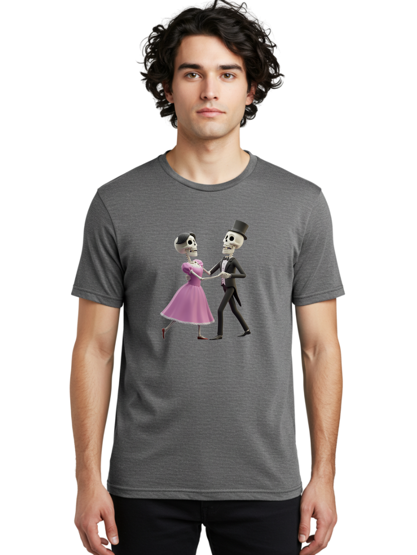Dancing-Skeletons Men'S Graphic Tee, 100% Cotton, Comfortable Casual Summer Wear, Machine Washable, Skeleton Couple Dancing, Day Of The Dead Celebration, Calavera Fashion, Traditional Mexican Attire, Sugar Skull Makeup, Waltz Dance, Bac974 19