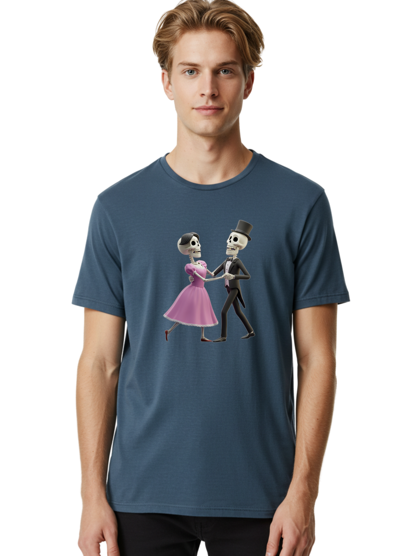 Dancing-Skeletons Men'S Graphic Tee, 100% Cotton, Comfortable Casual Summer Wear, Machine Washable, Skeleton Couple Dancing, Day Of The Dead Celebration, Calavera Fashion, Traditional Mexican Attire, Sugar Skull Makeup, Waltz Dance, Bac974 23