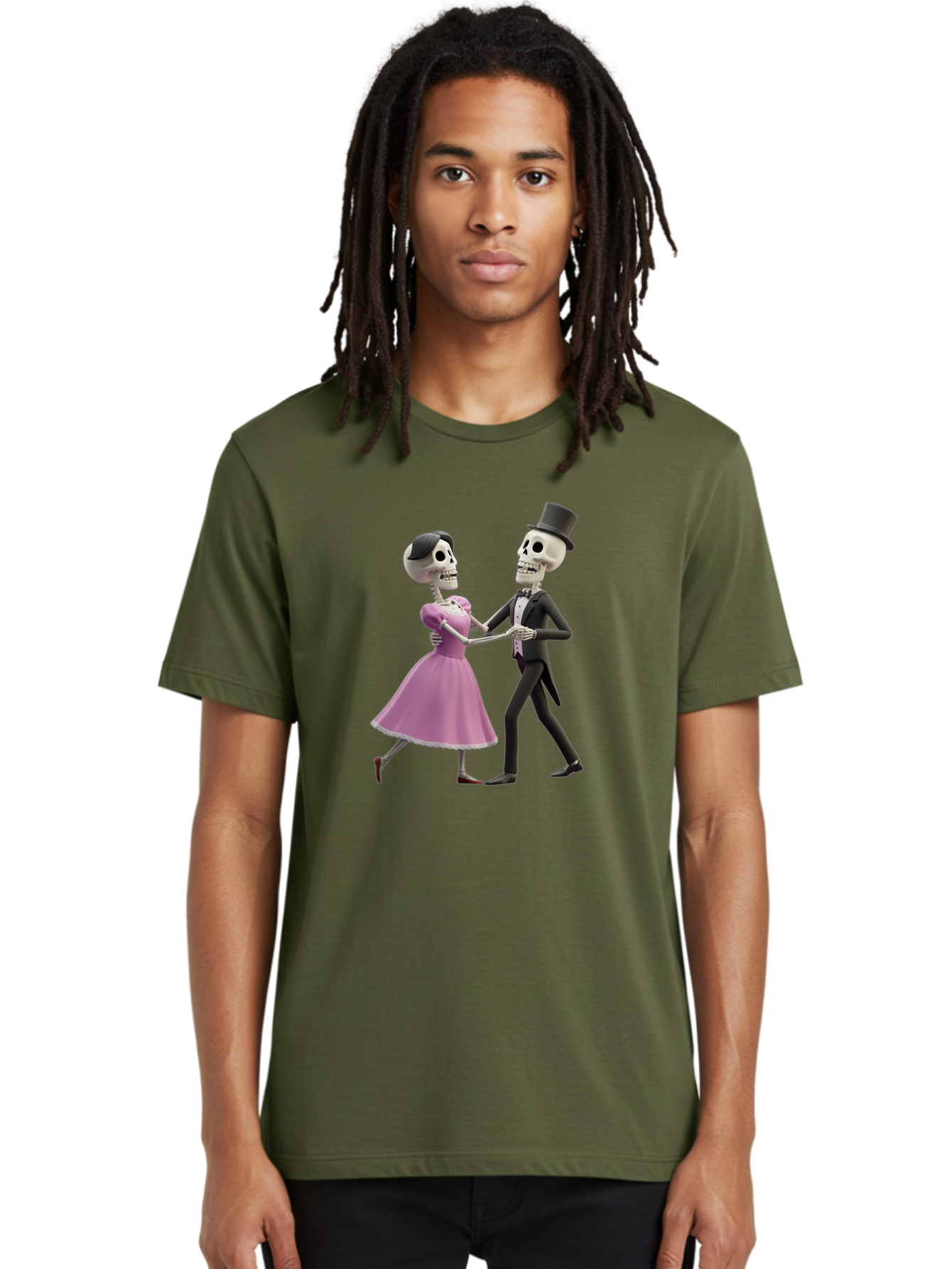 Dancing-Skeletons Men'S Graphic Tee, 100% Cotton, Comfortable Casual Summer Wear, Machine Washable, Skeleton Couple Dancing, Day Of The Dead Celebration, Calavera Fashion, Traditional Mexican Attire, Sugar Skull Makeup, Waltz Dance, Bac974 26