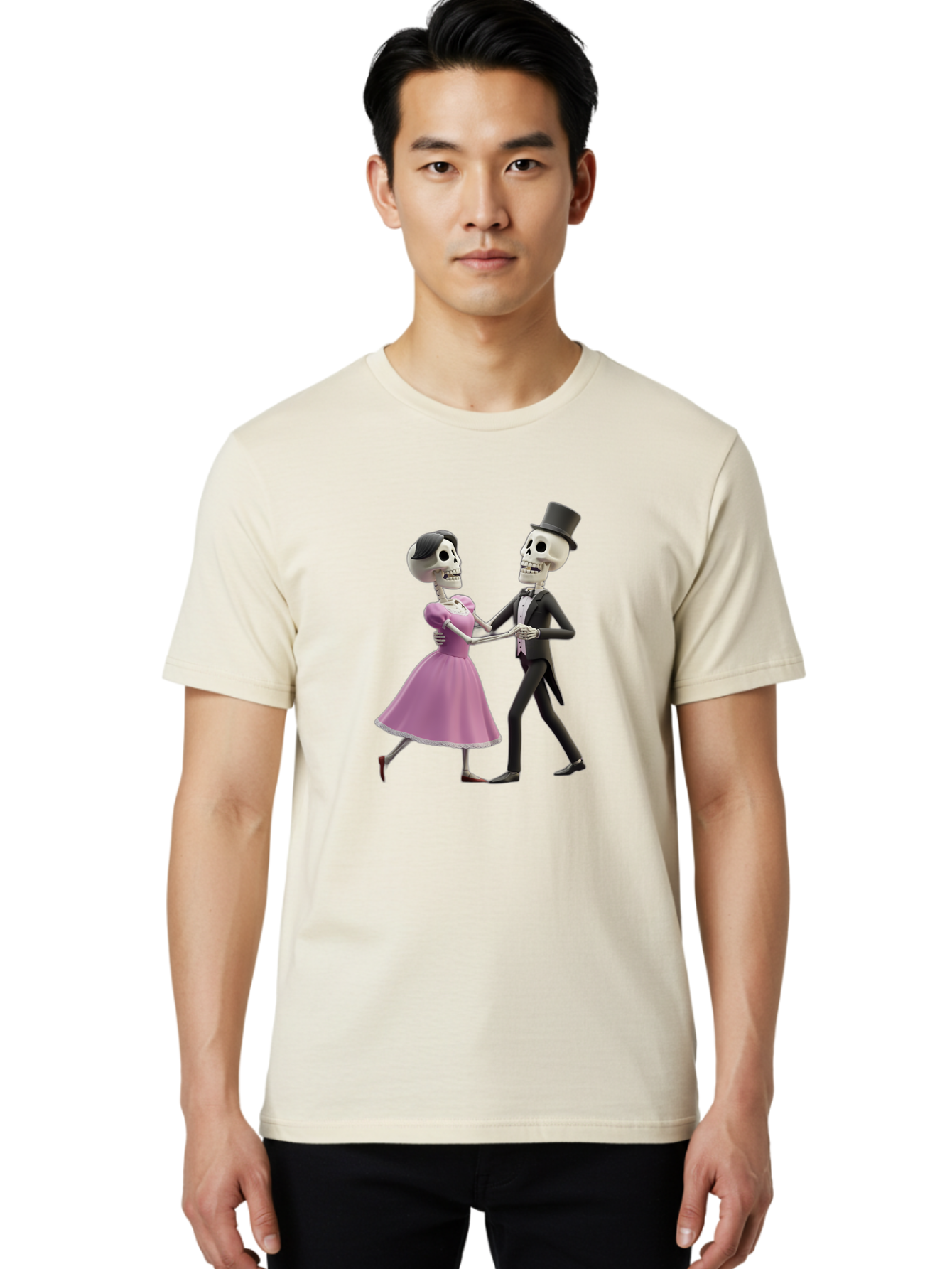 Dancing-Skeletons Men'S Graphic Tee, 100% Cotton, Comfortable Casual Summer Wear, Machine Washable, Skeleton Couple Dancing, Day Of The Dead Celebration, Calavera Fashion, Traditional Mexican Attire, Sugar Skull Makeup, Waltz Dance, Bac974 24