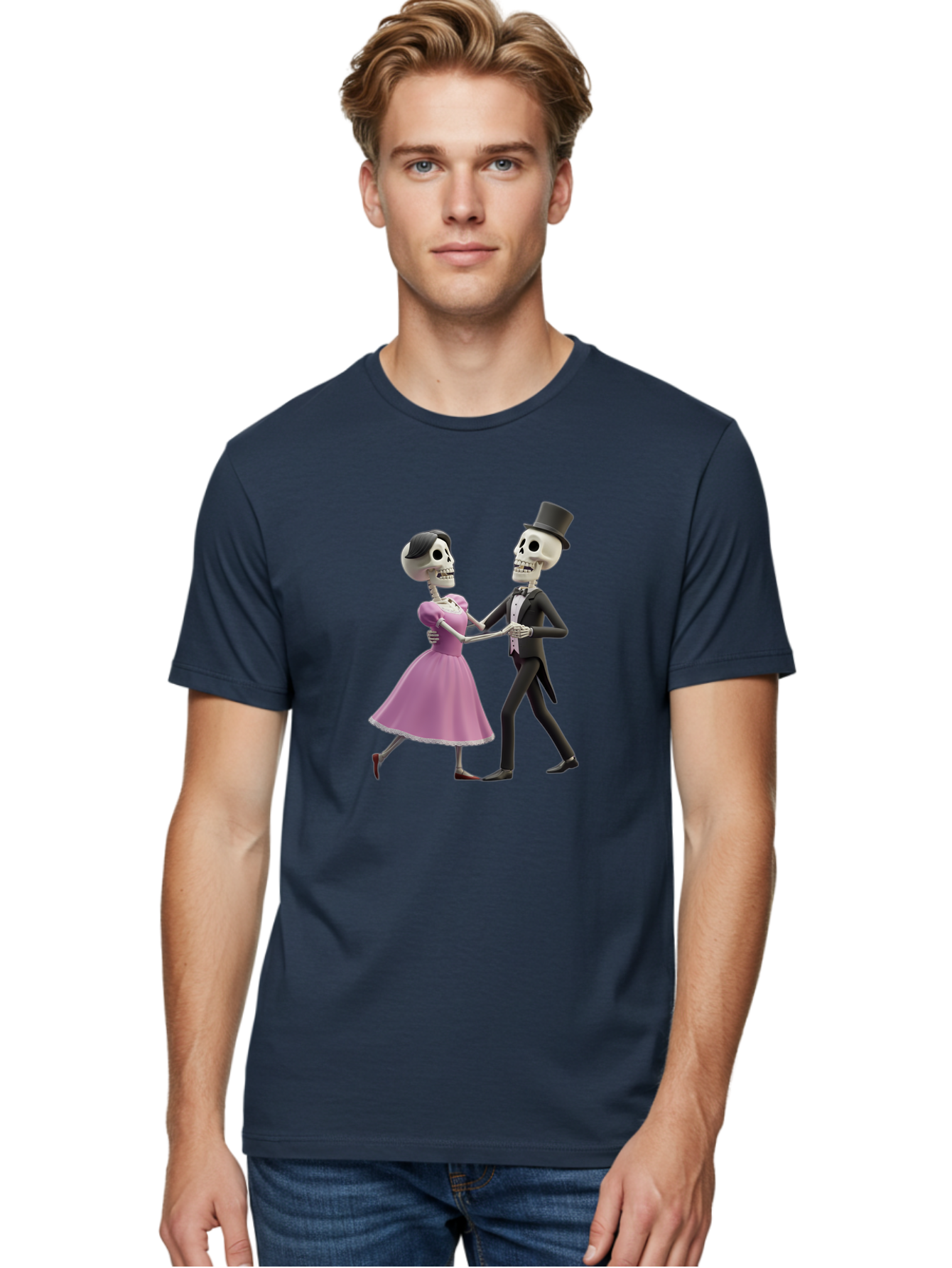Dancing-Skeletons Men'S Graphic Tee, 100% Cotton, Comfortable Casual Summer Wear, Machine Washable, Skeleton Couple Dancing, Day Of The Dead Celebration, Calavera Fashion, Traditional Mexican Attire, Sugar Skull Makeup, Waltz Dance, Bac974 18