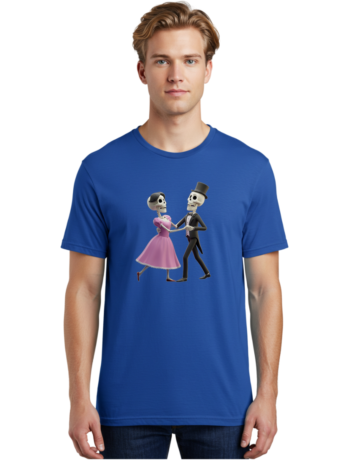 Dancing-Skeletons Men'S Graphic Tee, 100% Cotton, Comfortable Casual Summer Wear, Machine Washable, Skeleton Couple Dancing, Day Of The Dead Celebration, Calavera Fashion, Traditional Mexican Attire, Sugar Skull Makeup, Waltz Dance, Bac974 28