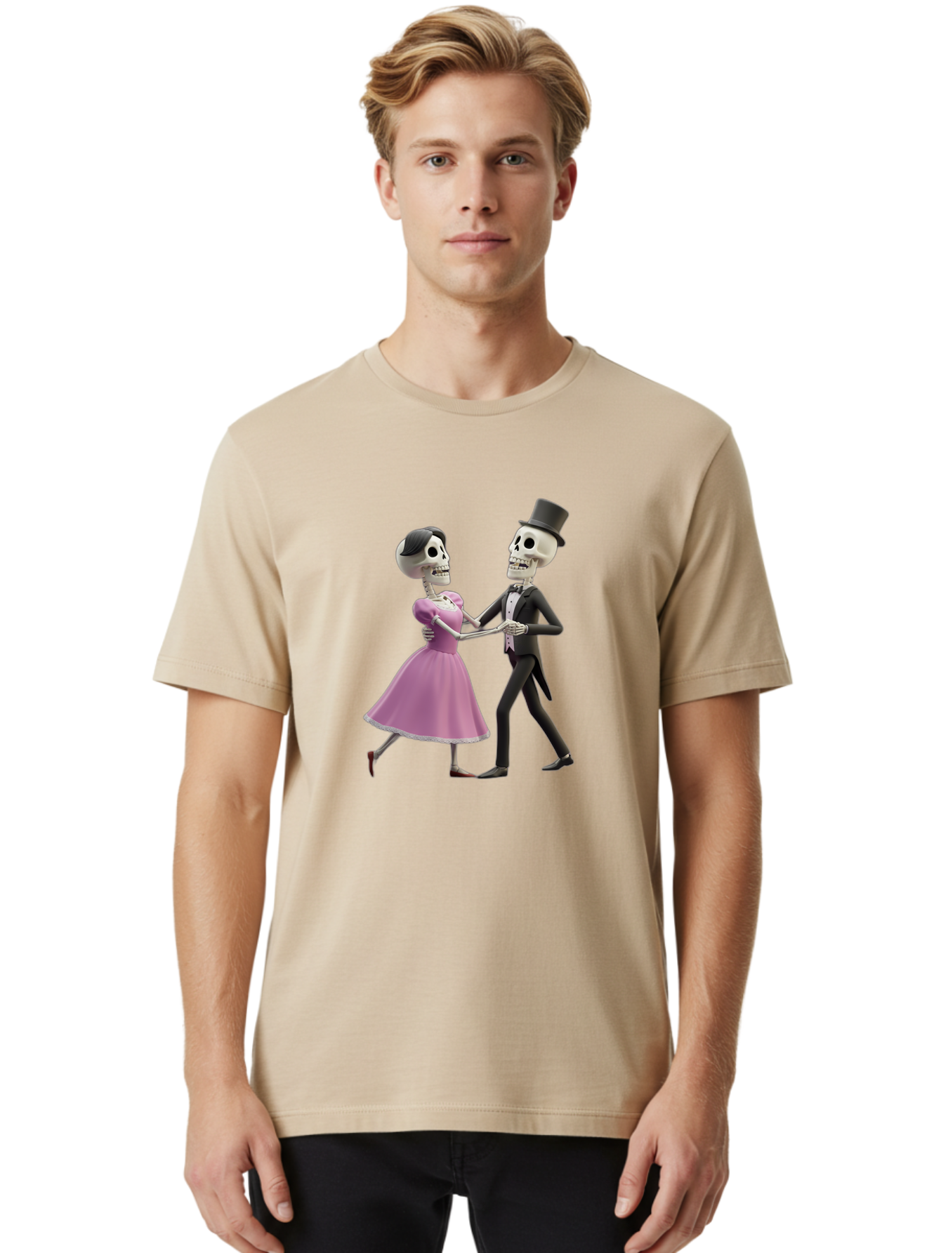 Dancing-Skeletons Men'S Graphic Tee, 100% Cotton, Comfortable Casual Summer Wear, Machine Washable, Skeleton Couple Dancing, Day Of The Dead Celebration, Calavera Fashion, Traditional Mexican Attire, Sugar Skull Makeup, Waltz Dance, Bac974 20