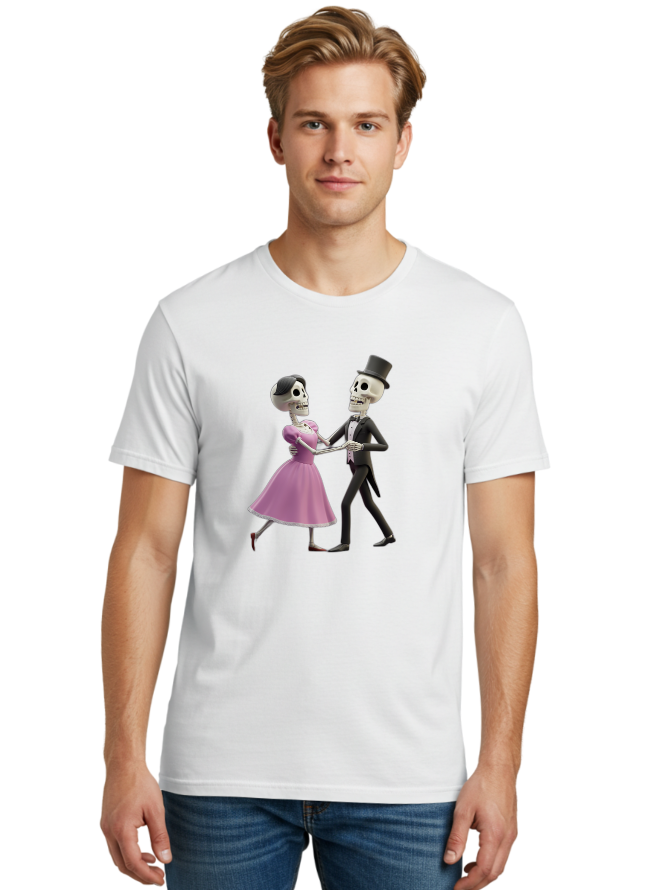 Dancing-Skeletons Men'S Graphic Tee, 100% Cotton, Comfortable Casual Summer Wear, Machine Washable, Skeleton Couple Dancing, Day Of The Dead Celebration, Calavera Fashion, Traditional Mexican Attire, Sugar Skull Makeup, Waltz Dance, Bac974 29