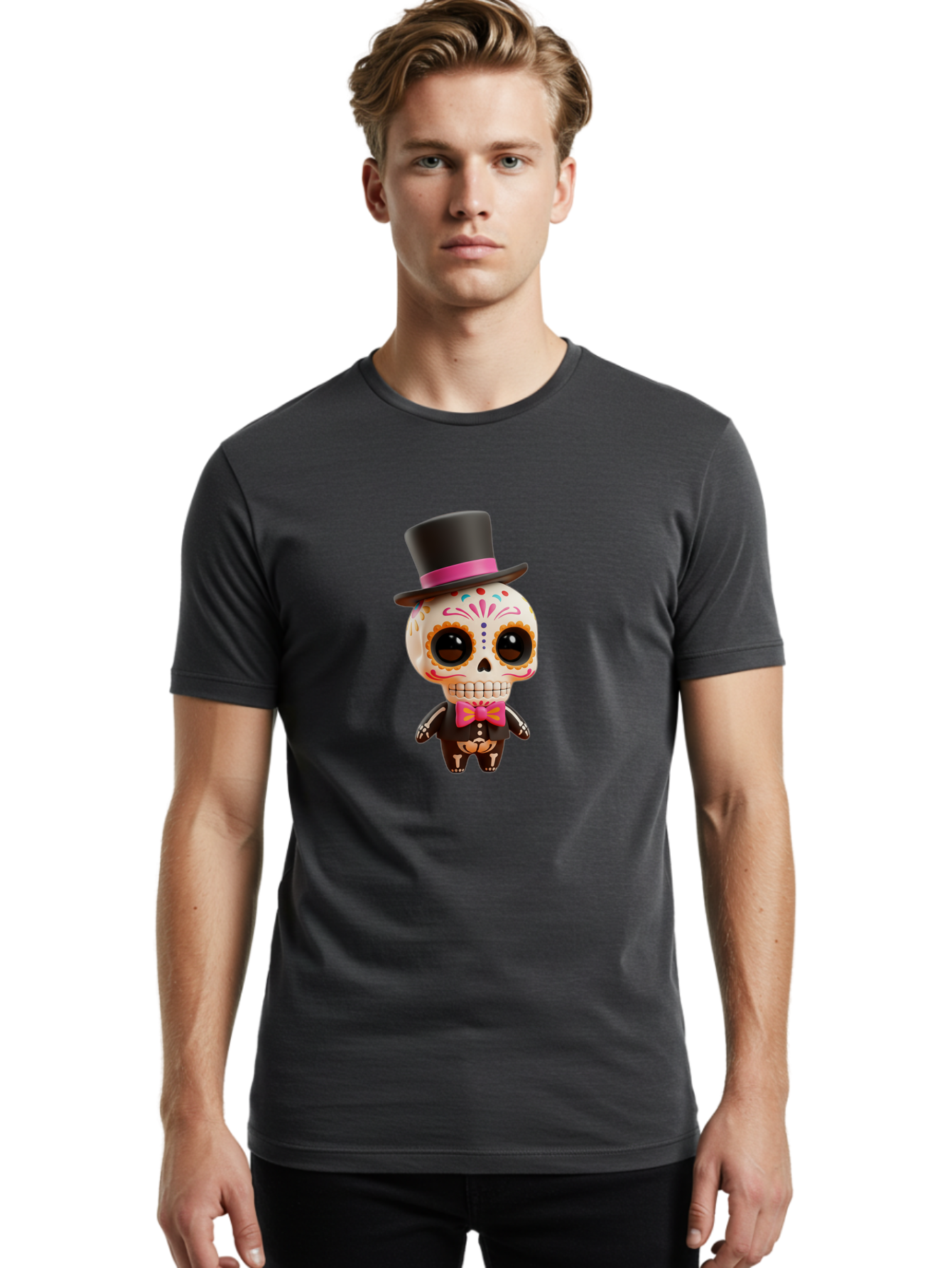 Day-Of-The-Dead-Skeleton Men'S Graphic Tee, 100% Cotton, Comfortable Casual Summer Wear, Machine Washable, Sugar Skull, Day Of The Dead, Dia De Los Muertos, Skeleton Figurine, Colorful Decorations, Festive Attire, Top Hat, Bow Tie, Bac977 28