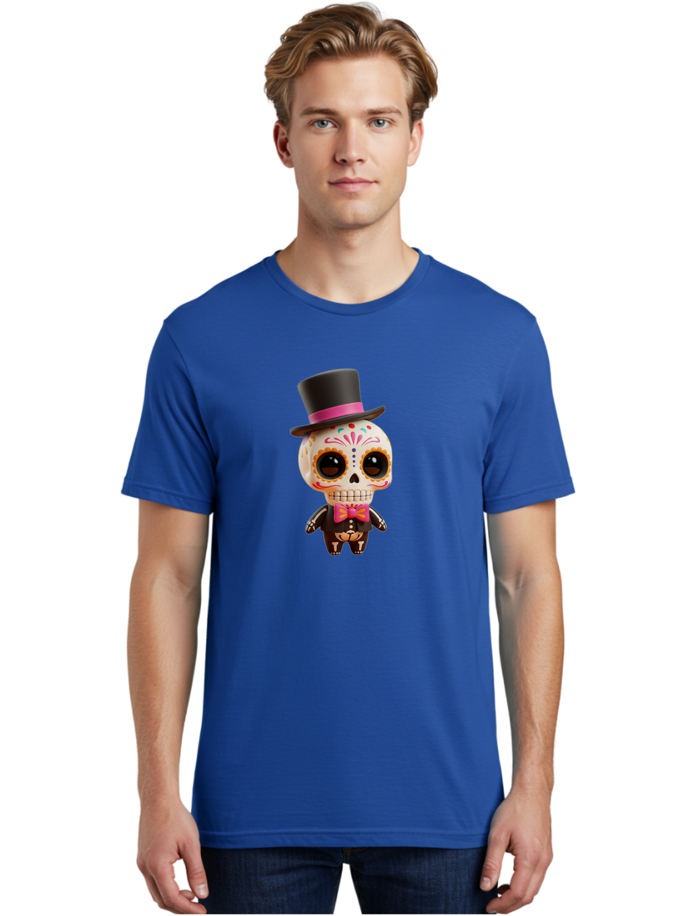 Day-Of-The-Dead-Skeleton Men'S Graphic Tee, 100% Cotton, Comfortable Casual Summer Wear, Machine Washable, Sugar Skull, Day Of The Dead, Dia De Los Muertos, Skeleton Figurine, Colorful Decorations, Festive Attire, Top Hat, Bow Tie, Bac977 23