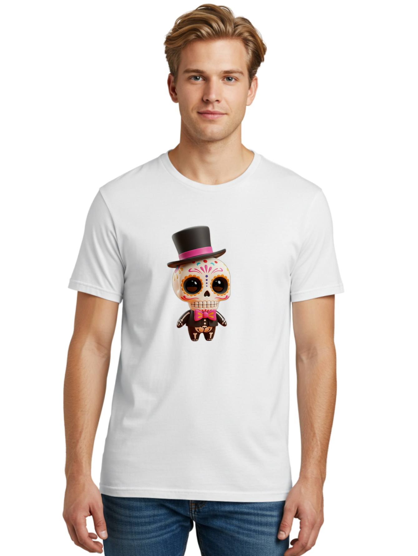 Day-Of-The-Dead-Skeleton Men'S Graphic Tee, 100% Cotton, Comfortable Casual Summer Wear, Machine Washable, Sugar Skull, Day Of The Dead, Dia De Los Muertos, Skeleton Figurine, Colorful Decorations, Festive Attire, Top Hat, Bow Tie, Bac977 16