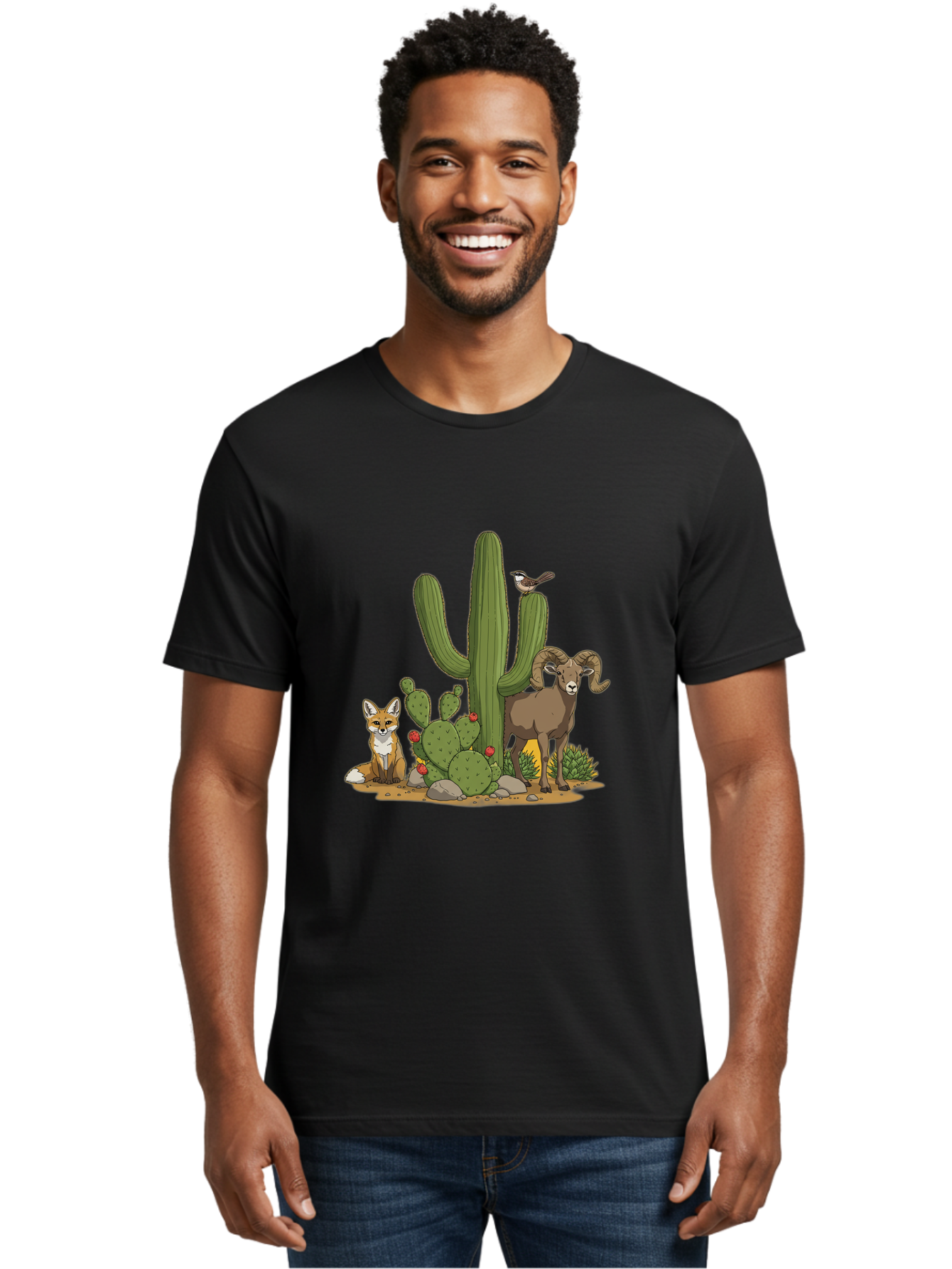 Desert-Animals Men'S Graphic Tee, 100% Cotton, Comfortable Casual Summer Wear, Machine Washable, Desert Wildlife, Coyote Sitting, Bighorn Sheep Standing, Bird Perched On Cactus, Cactus With Red Flowers, Desert Landscape, Wild Animals, Bac984 30