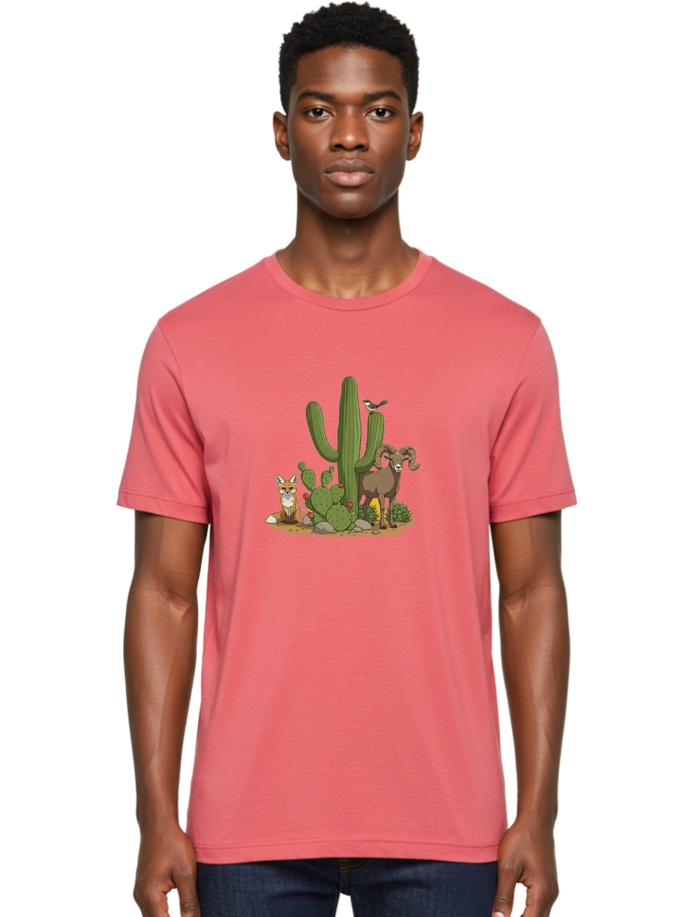 Desert-Animals Men'S Graphic Tee, 100% Cotton, Comfortable Casual Summer Wear, Machine Washable, Desert Wildlife, Coyote Sitting, Bighorn Sheep Standing, Bird Perched On Cactus, Cactus With Red Flowers, Desert Landscape, Wild Animals, Bac984 18