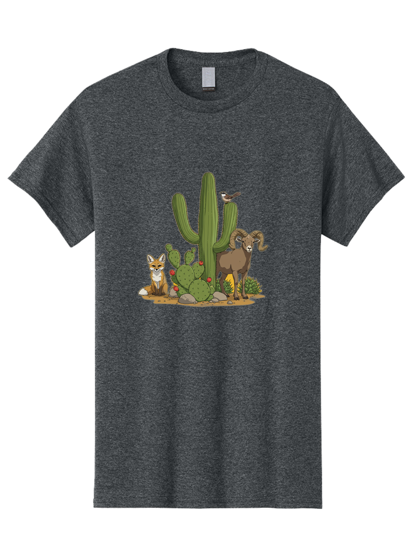 Desert-Animals Men'S Graphic Tee, 100% Cotton, Comfortable Casual Summer Wear, Machine Washable, Desert Wildlife, Coyote Sitting, Bighorn Sheep Standing, Bird Perched On Cactus, Cactus With Red Flowers, Desert Landscape, Wild Animals, Bac984 14