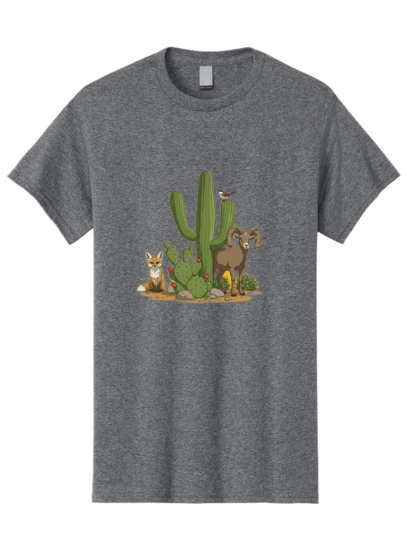 Desert-Animals Men'S Graphic Tee, 100% Cotton, Comfortable Casual Summer Wear, Machine Washable, Desert Wildlife, Coyote Sitting, Bighorn Sheep Standing, Bird Perched On Cactus, Cactus With Red Flowers, Desert Landscape, Wild Animals, Bac984 9