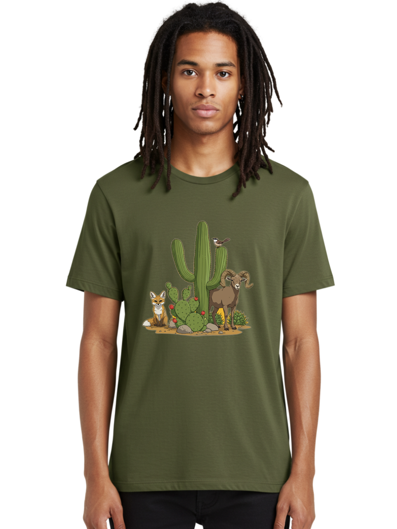 Desert-Animals Men'S Graphic Tee, 100% Cotton, Comfortable Casual Summer Wear, Machine Washable, Desert Wildlife, Coyote Sitting, Bighorn Sheep Standing, Bird Perched On Cactus, Cactus With Red Flowers, Desert Landscape, Wild Animals, Bac984 17