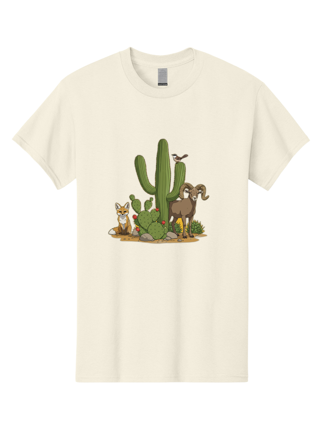 Desert-Animals Men'S Graphic Tee, 100% Cotton, Comfortable Casual Summer Wear, Machine Washable, Desert Wildlife, Coyote Sitting, Bighorn Sheep Standing, Bird Perched On Cactus, Cactus With Red Flowers, Desert Landscape, Wild Animals, Bac984 7