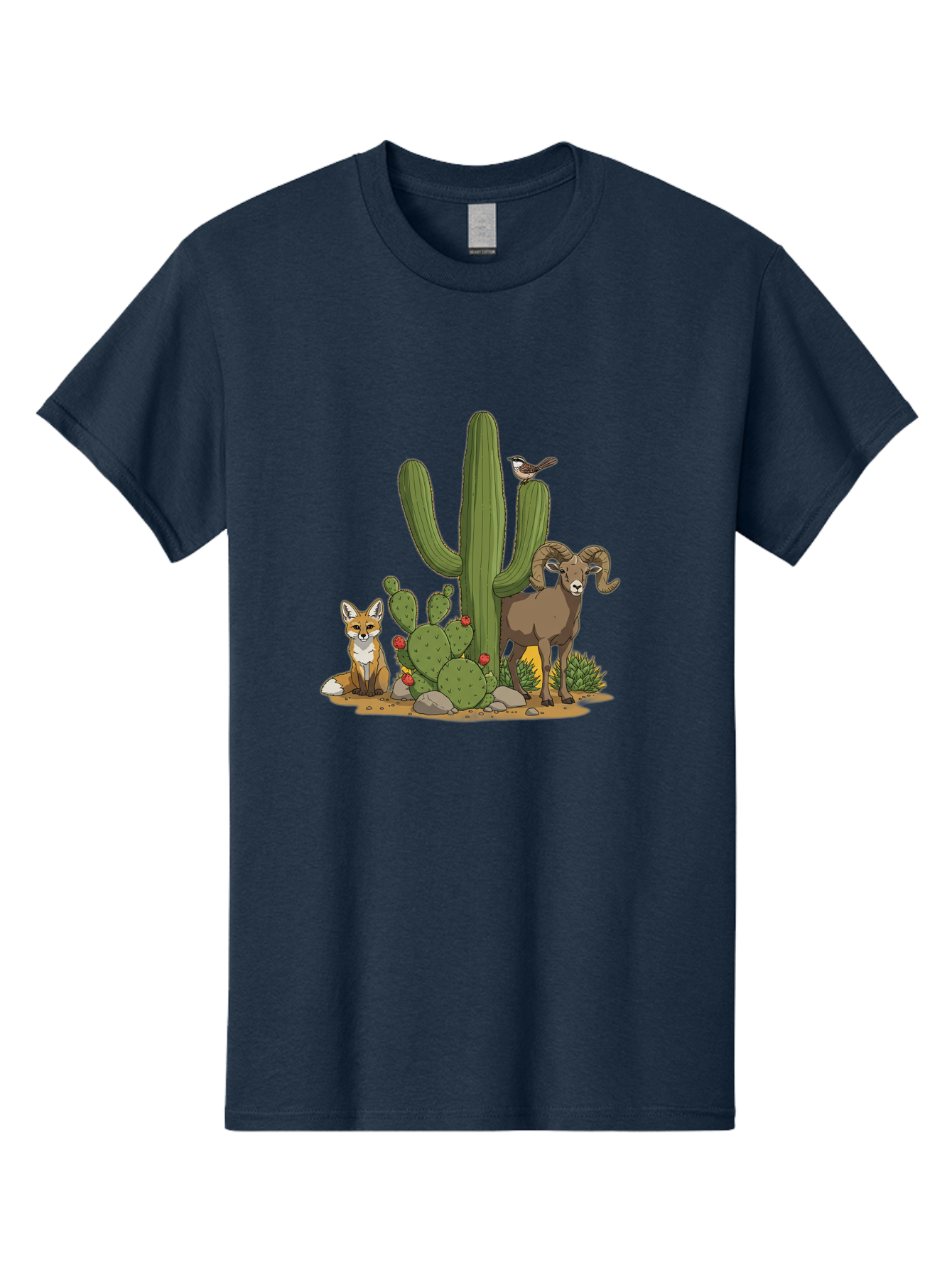 Desert-Animals Men'S Graphic Tee, 100% Cotton, Comfortable Casual Summer Wear, Machine Washable, Desert Wildlife, Coyote Sitting, Bighorn Sheep Standing, Bird Perched On Cactus, Cactus With Red Flowers, Desert Landscape, Wild Animals, Bac984 10