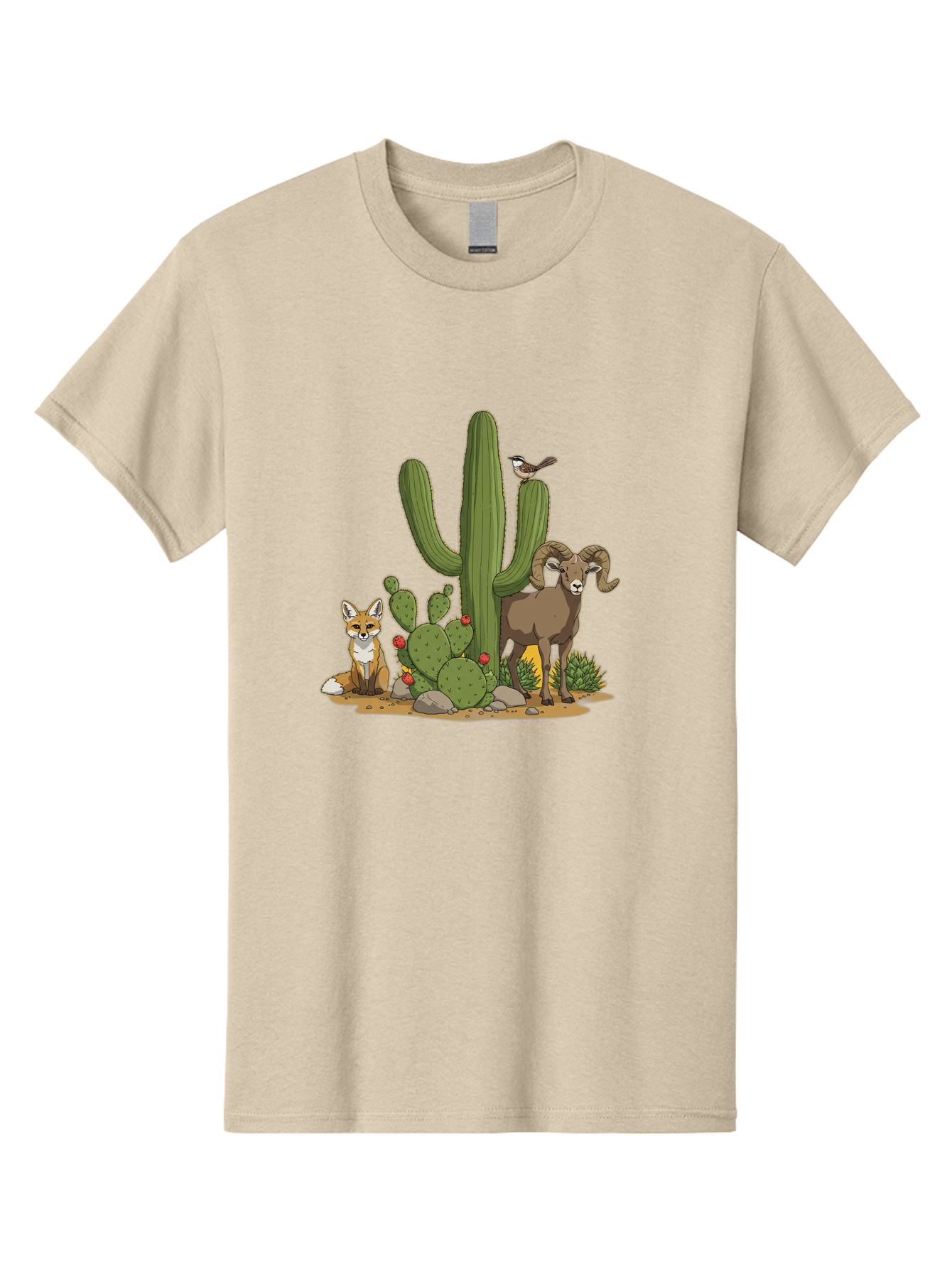 Desert-Animals Men'S Graphic Tee, 100% Cotton, Comfortable Casual Summer Wear, Machine Washable, Desert Wildlife, Coyote Sitting, Bighorn Sheep Standing, Bird Perched On Cactus, Cactus With Red Flowers, Desert Landscape, Wild Animals, Bac984 6