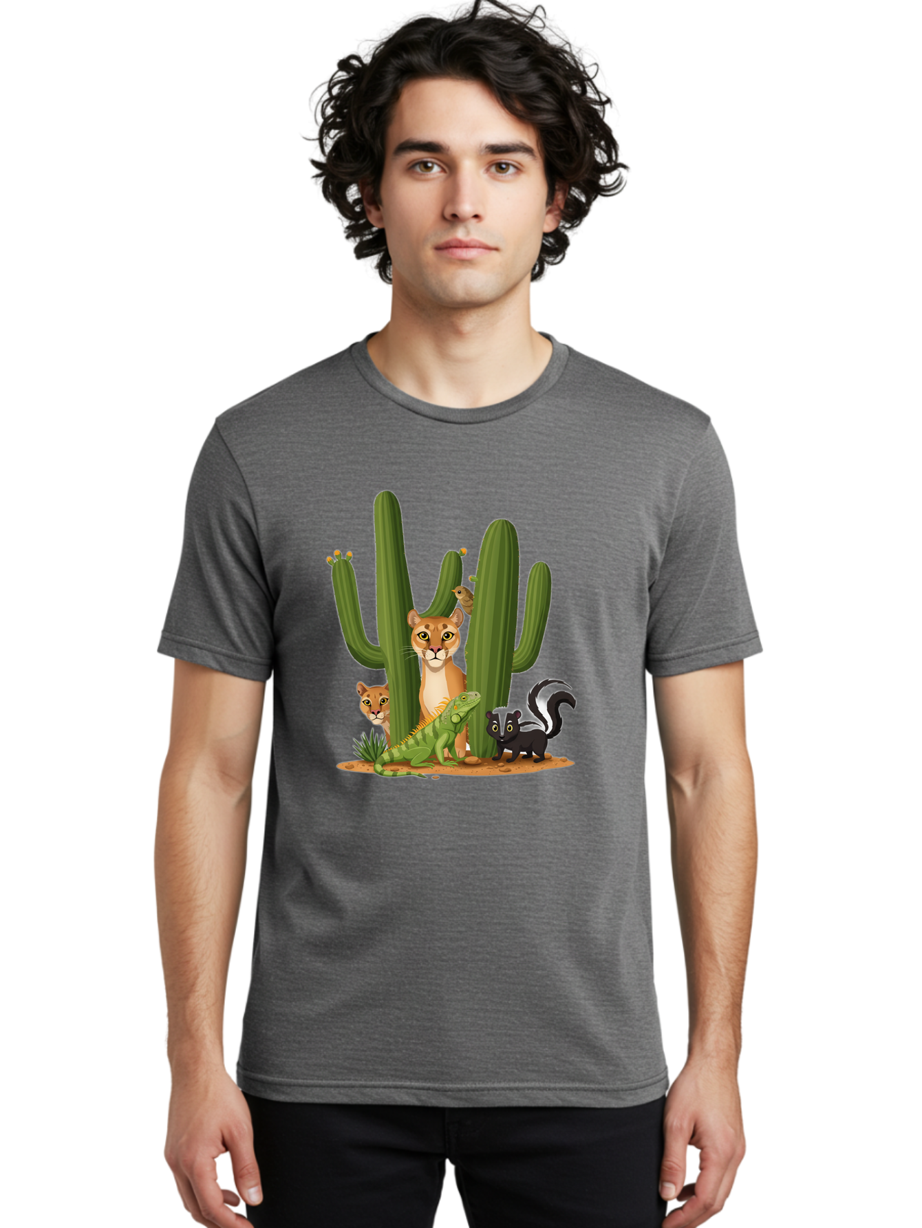 Desert-Fauna Men'S Graphic Tee, 100% Cotton, Comfortable Casual Summer Wear, Machine Washable, Cartoon Mountain Lion, Cactus, Kitten, Lizard, Skunk, Desert Animals, Wildlife, Cartoon Wildlife, Funny Animals, Desert Scenery, Cuddly Animals Bac986 25