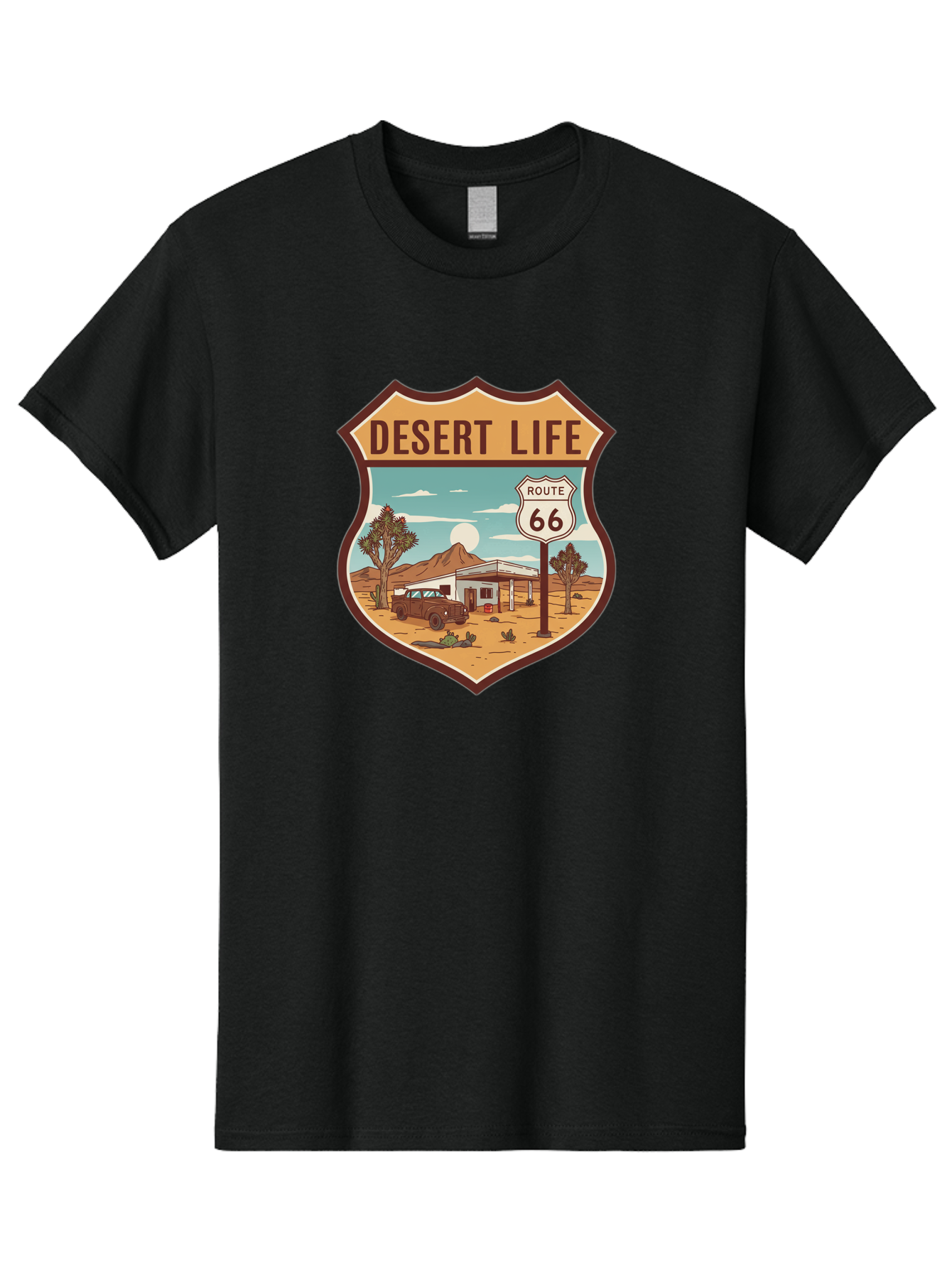 Desert-Life-2 Men'S Graphic Tee, 100% Cotton, Comfortable Casual Summer Wear, Machine Washable, Route 66, Desert Landscape, Vintage Truck, Retro-Style, Road Trip Adventure, Vintage Car, Route 66 Sign, Cacti, Mountains, Open Road, Bac988 7