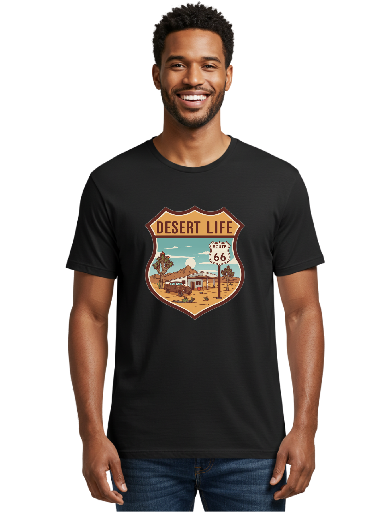 Desert-Life-2 Men'S Graphic Tee, 100% Cotton, Comfortable Casual Summer Wear, Machine Washable, Route 66, Desert Landscape, Vintage Truck, Retro-Style, Road Trip Adventure, Vintage Car, Route 66 Sign, Cacti, Mountains, Open Road, Bac988 22
