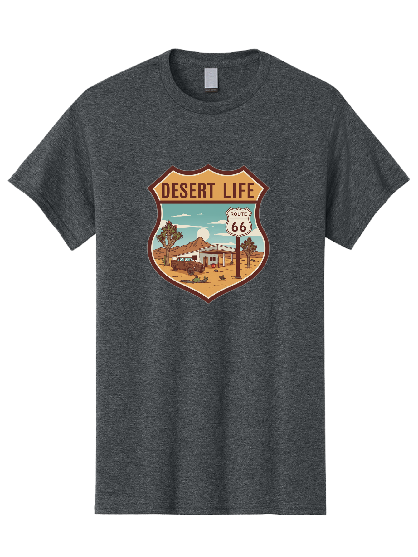 Desert-Life-2 Men'S Graphic Tee, 100% Cotton, Comfortable Casual Summer Wear, Machine Washable, Route 66, Desert Landscape, Vintage Truck, Retro-Style, Road Trip Adventure, Vintage Car, Route 66 Sign, Cacti, Mountains, Open Road, Bac988 12