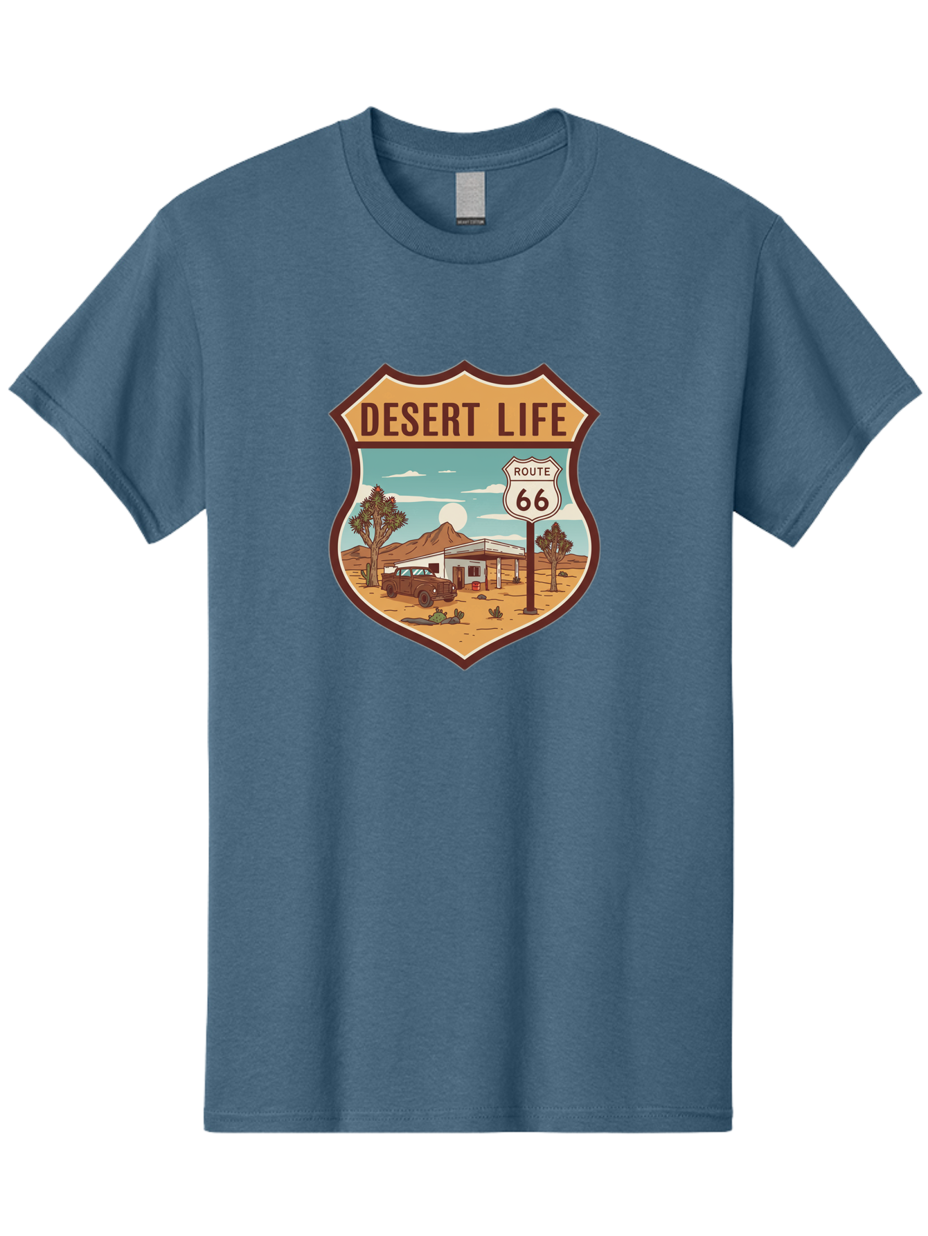 Desert-Life-2 Men'S Graphic Tee, 100% Cotton, Comfortable Casual Summer Wear, Machine Washable, Route 66, Desert Landscape, Vintage Truck, Retro-Style, Road Trip Adventure, Vintage Car, Route 66 Sign, Cacti, Mountains, Open Road, Bac988 2