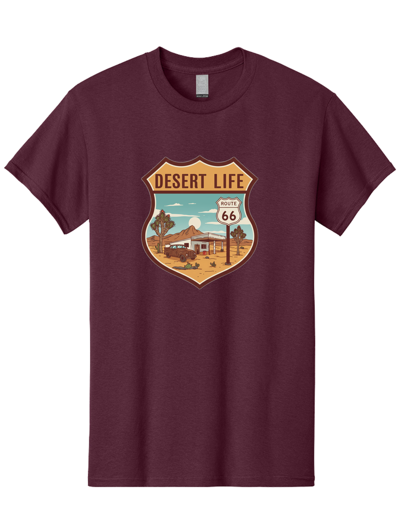 Desert-Life-2 Men'S Graphic Tee, 100% Cotton, Comfortable Casual Summer Wear, Machine Washable, Route 66, Desert Landscape, Vintage Truck, Retro-Style, Road Trip Adventure, Vintage Car, Route 66 Sign, Cacti, Mountains, Open Road, Bac988 9