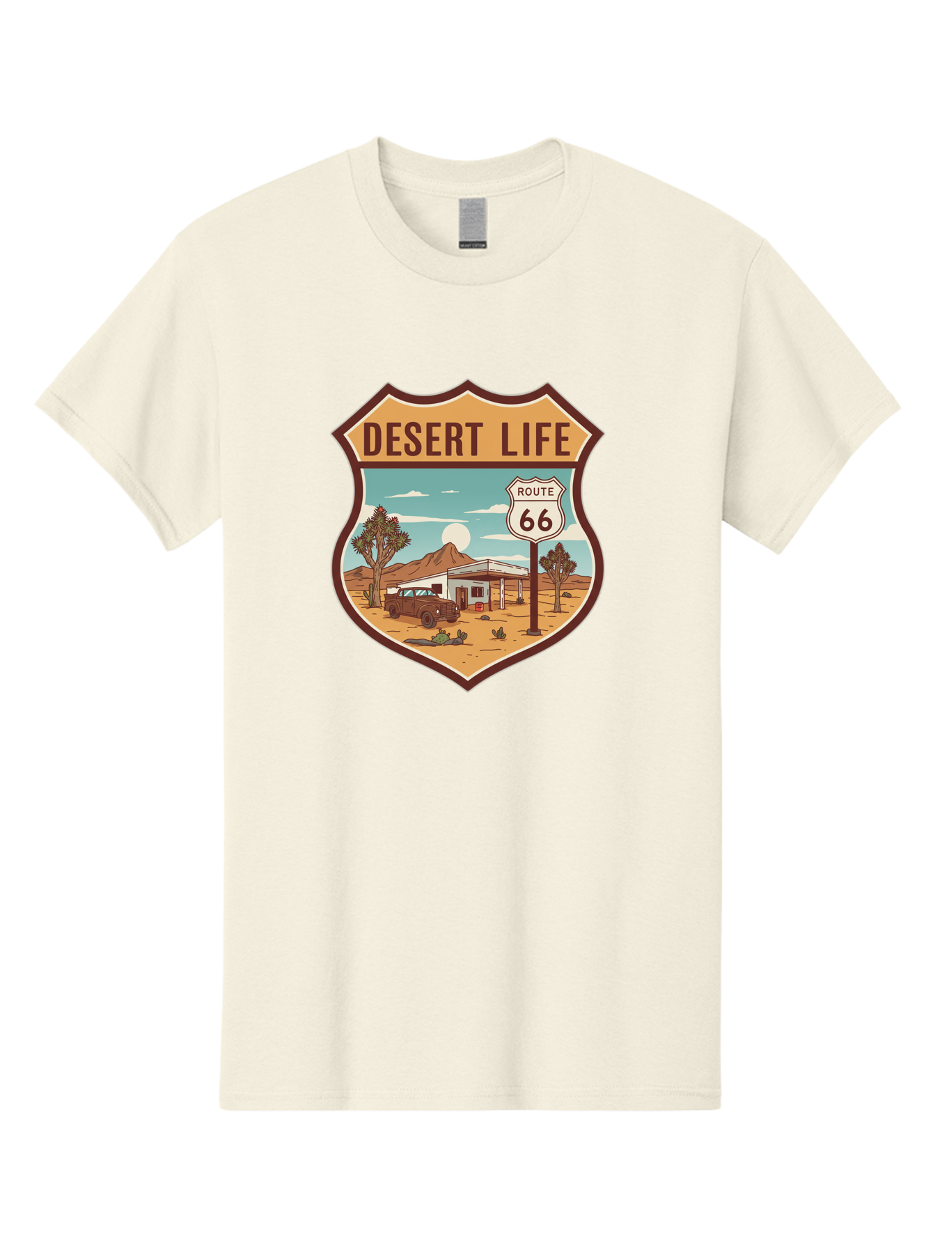 Desert-Life-2 Men'S Graphic Tee, 100% Cotton, Comfortable Casual Summer Wear, Machine Washable, Route 66, Desert Landscape, Vintage Truck, Retro-Style, Road Trip Adventure, Vintage Car, Route 66 Sign, Cacti, Mountains, Open Road, Bac988 8