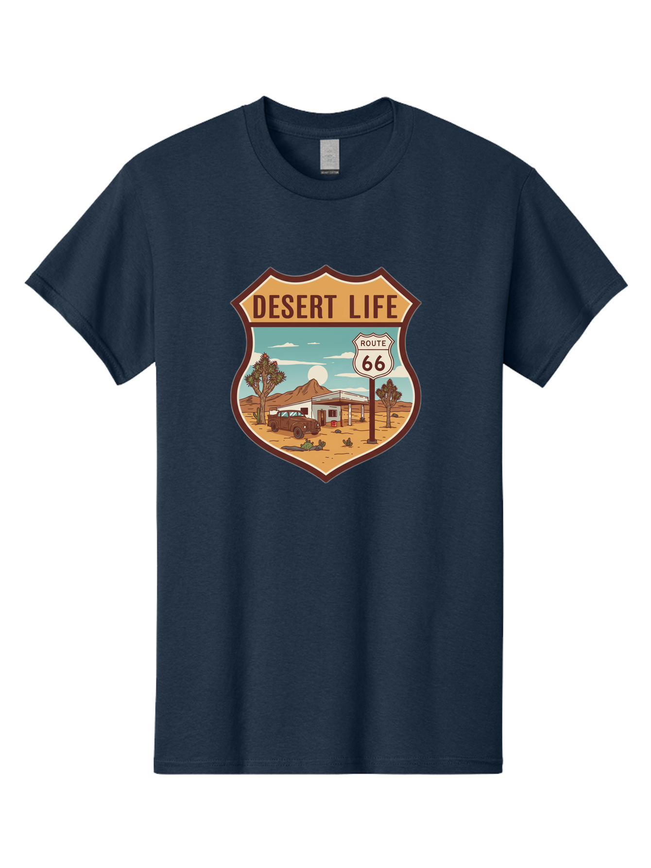 Desert-Life-2 Men'S Graphic Tee, 100% Cotton, Comfortable Casual Summer Wear, Machine Washable, Route 66, Desert Landscape, Vintage Truck, Retro-Style, Road Trip Adventure, Vintage Car, Route 66 Sign, Cacti, Mountains, Open Road, Bac988 5
