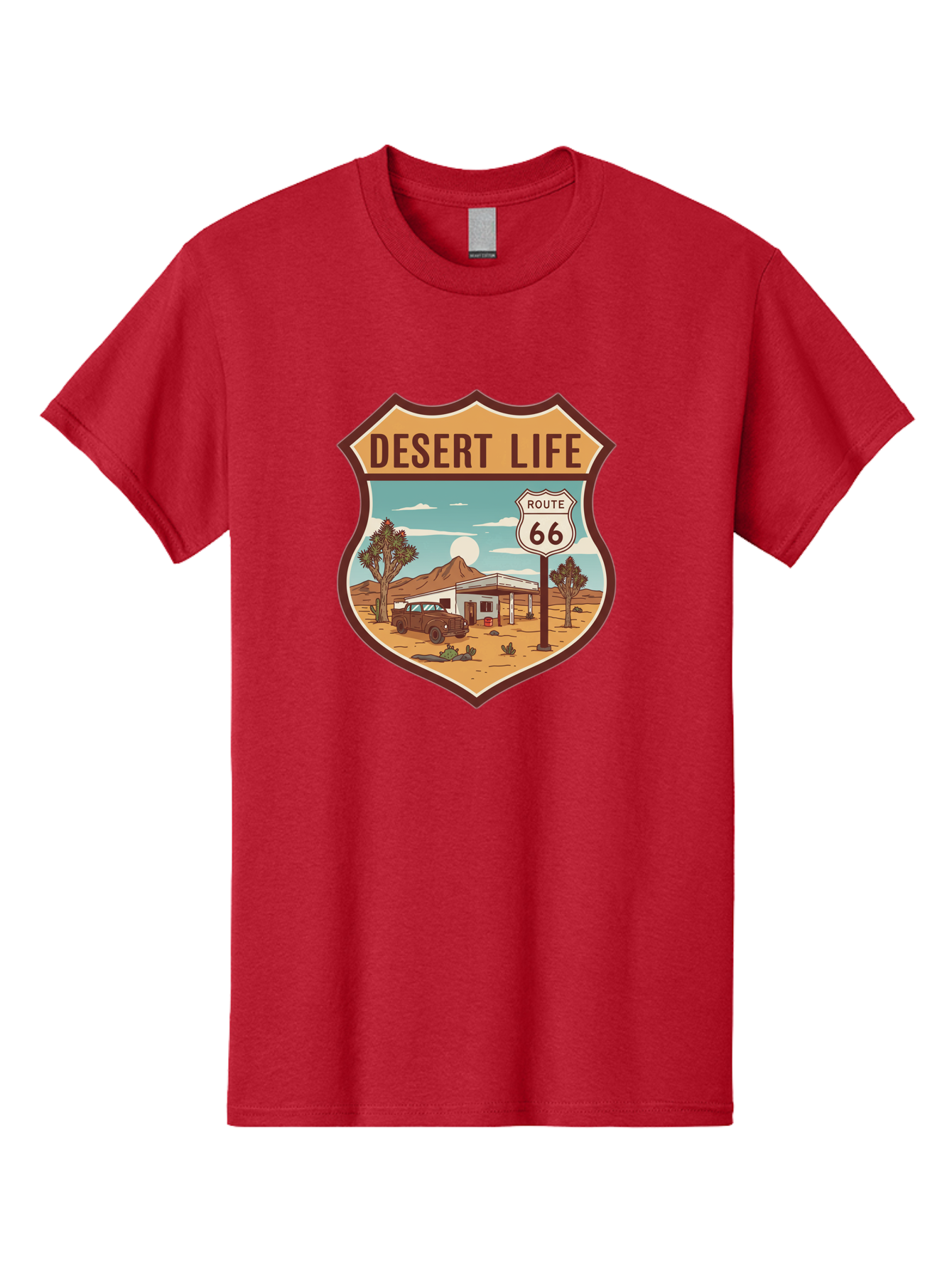 Desert-Life-2 Men'S Graphic Tee, 100% Cotton, Comfortable Casual Summer Wear, Machine Washable, Route 66, Desert Landscape, Vintage Truck, Retro-Style, Road Trip Adventure, Vintage Car, Route 66 Sign, Cacti, Mountains, Open Road, Bac988 4