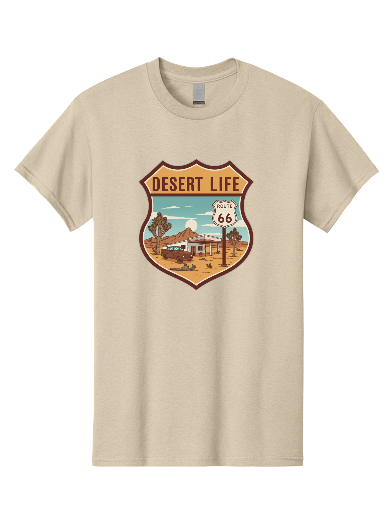 Desert-Life-2 Men'S Graphic Tee, 100% Cotton, Comfortable Casual Summer Wear, Machine Washable, Route 66, Desert Landscape, Vintage Truck, Retro-Style, Road Trip Adventure, Vintage Car, Route 66 Sign, Cacti, Mountains, Open Road, Bac988 6