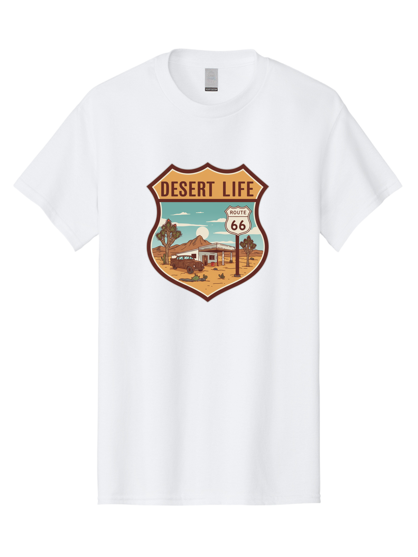 Desert-Life-2 Men'S Graphic Tee, 100% Cotton, Comfortable Casual Summer Wear, Machine Washable, Route 66, Desert Landscape, Vintage Truck, Retro-Style, Road Trip Adventure, Vintage Car, Route 66 Sign, Cacti, Mountains, Open Road, Bac988 13