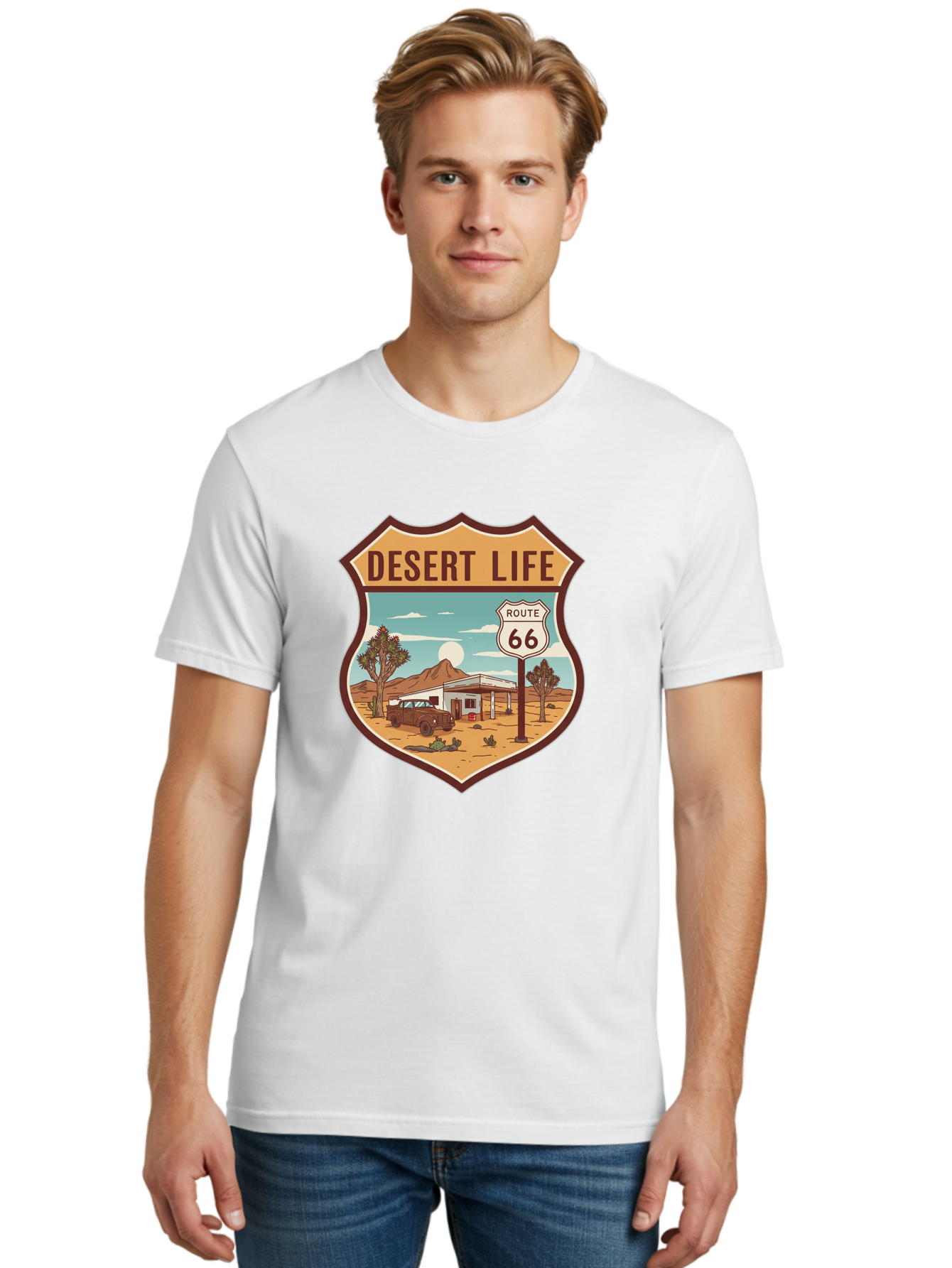 Desert-Life-2 Men'S Graphic Tee, 100% Cotton, Comfortable Casual Summer Wear, Machine Washable, Route 66, Desert Landscape, Vintage Truck, Retro-Style, Road Trip Adventure, Vintage Car, Route 66 Sign, Cacti, Mountains, Open Road, Bac988 28