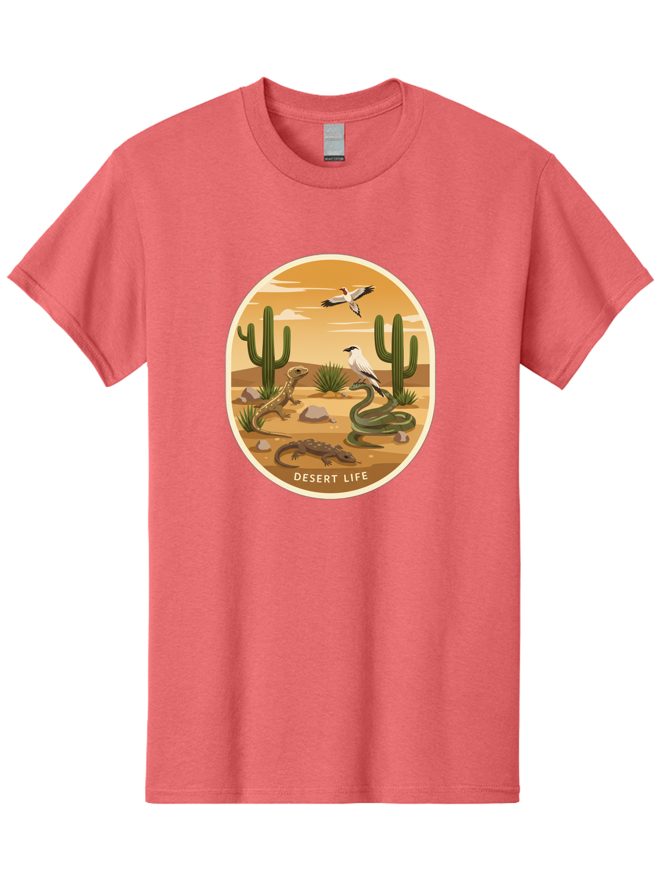 Desert-Life-4 Men'S Graphic Tee, 100% Cotton, Comfortable Casual Summer Wear, Machine Washable, Desert Wildlife, Cacti, Lizards, Snakes, Birds, Desert Scenery, Wildlife Habitat, Arid Landscape, Nature Illustration, Outdoor Wildlife, Bac990 8